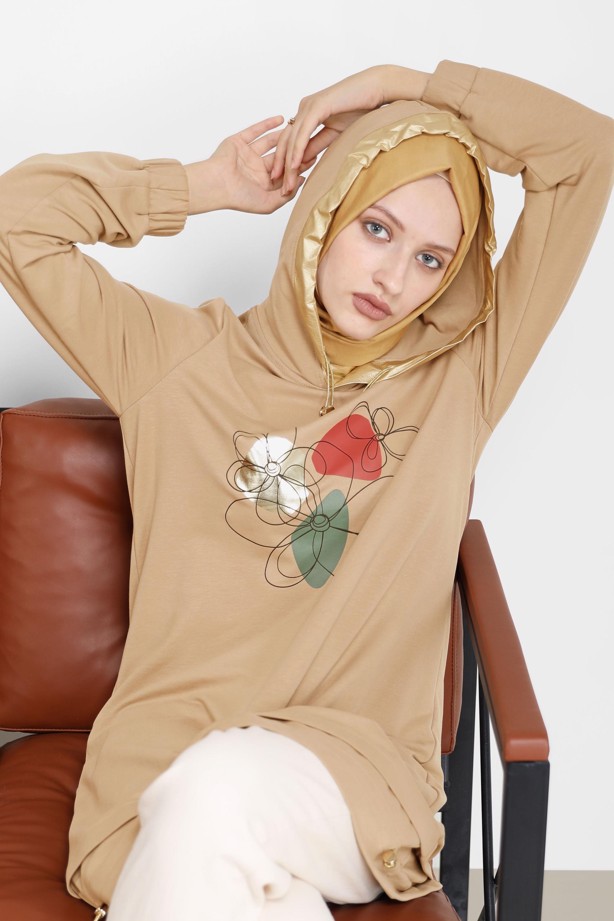 Tesettür giyim KAHVE ÇİÇEK BASKILI KAPÜŞONLU EŞOFMAN TUNİK 42184 