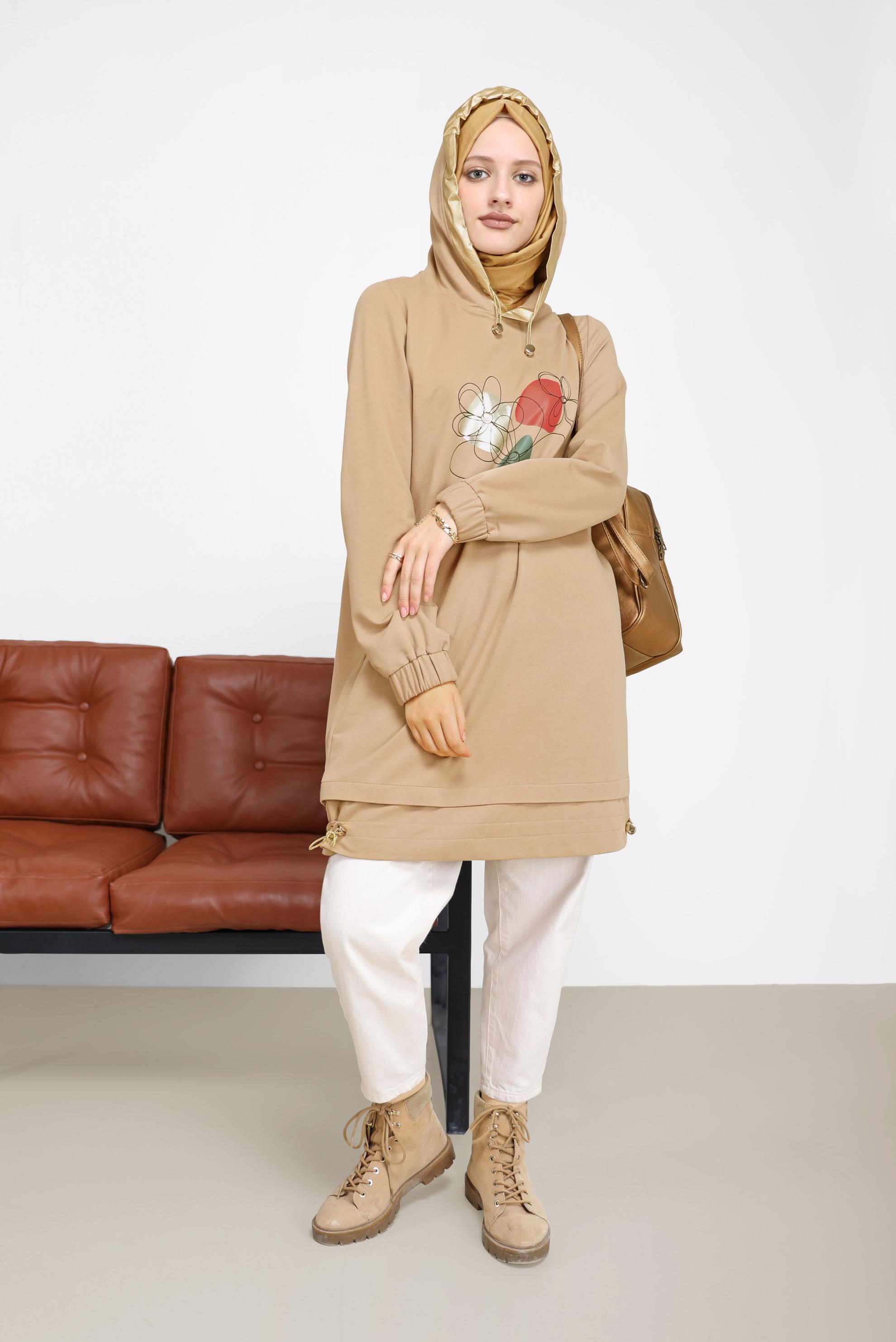 Tesettür giyim KAHVE ÇİÇEK BASKILI KAPÜŞONLU EŞOFMAN TUNİK 42184 