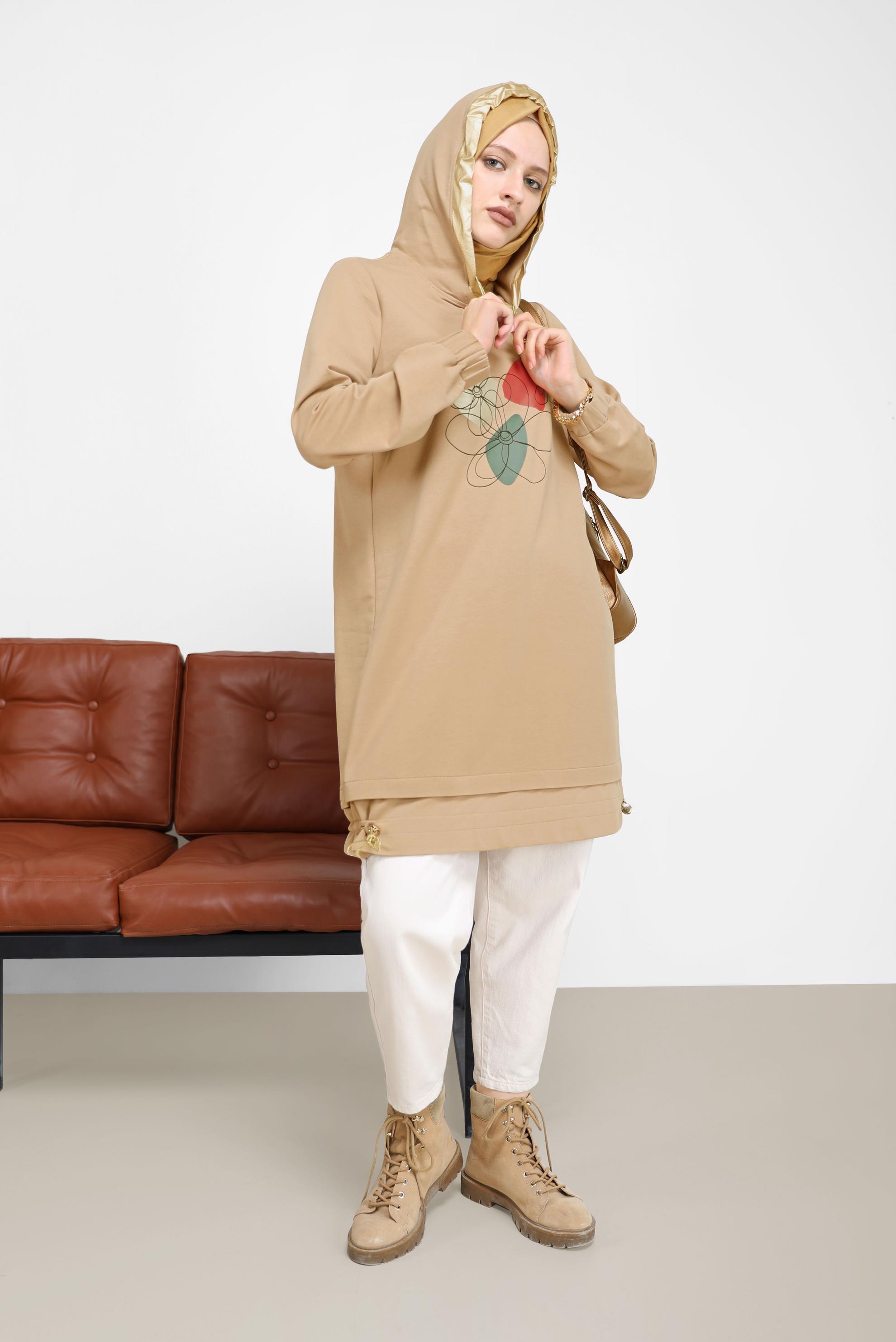 Tesettür giyim KAHVE ÇİÇEK BASKILI KAPÜŞONLU EŞOFMAN TUNİK 42184 