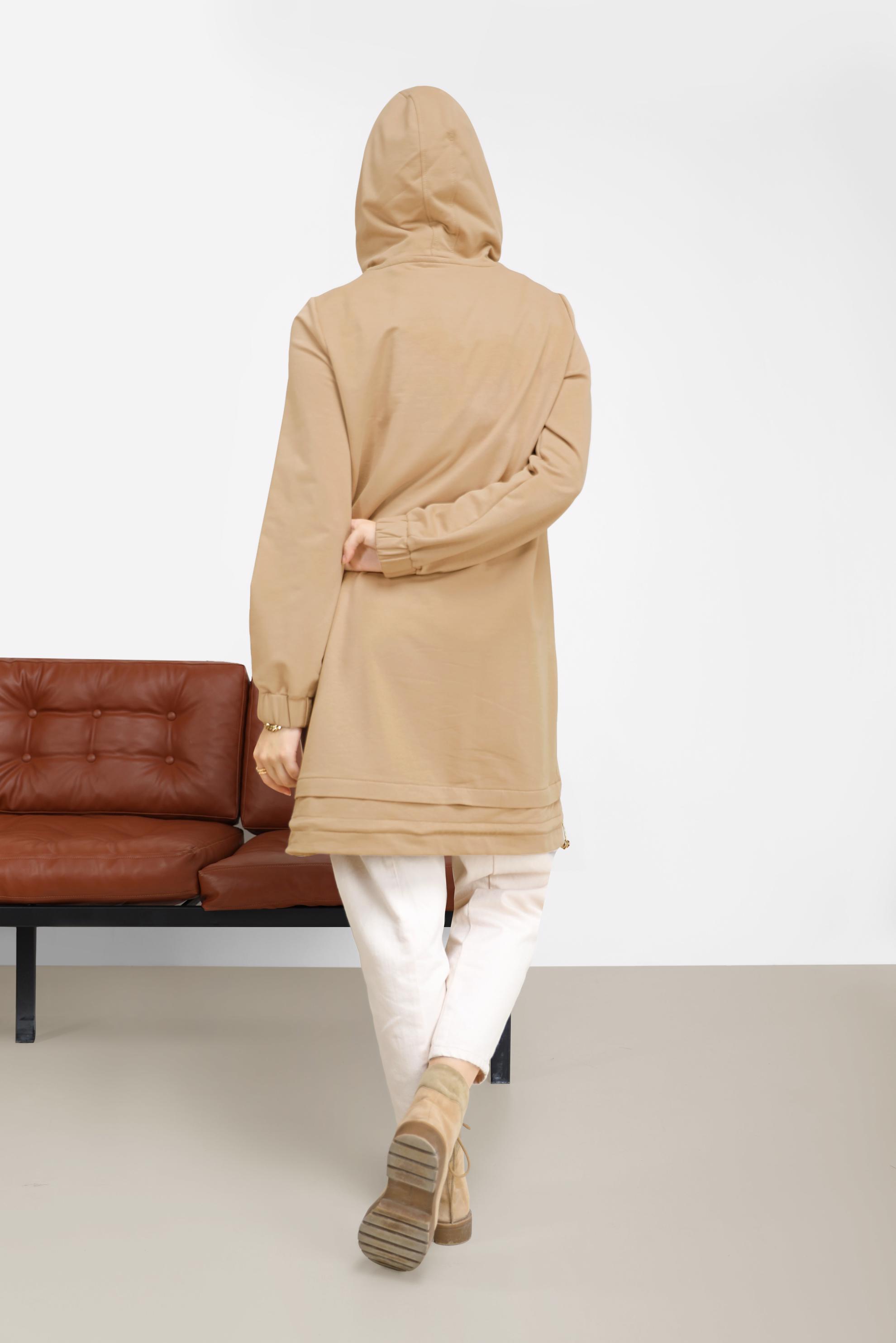 Tesettür giyim KAHVE ÇİÇEK BASKILI KAPÜŞONLU EŞOFMAN TUNİK 42184 