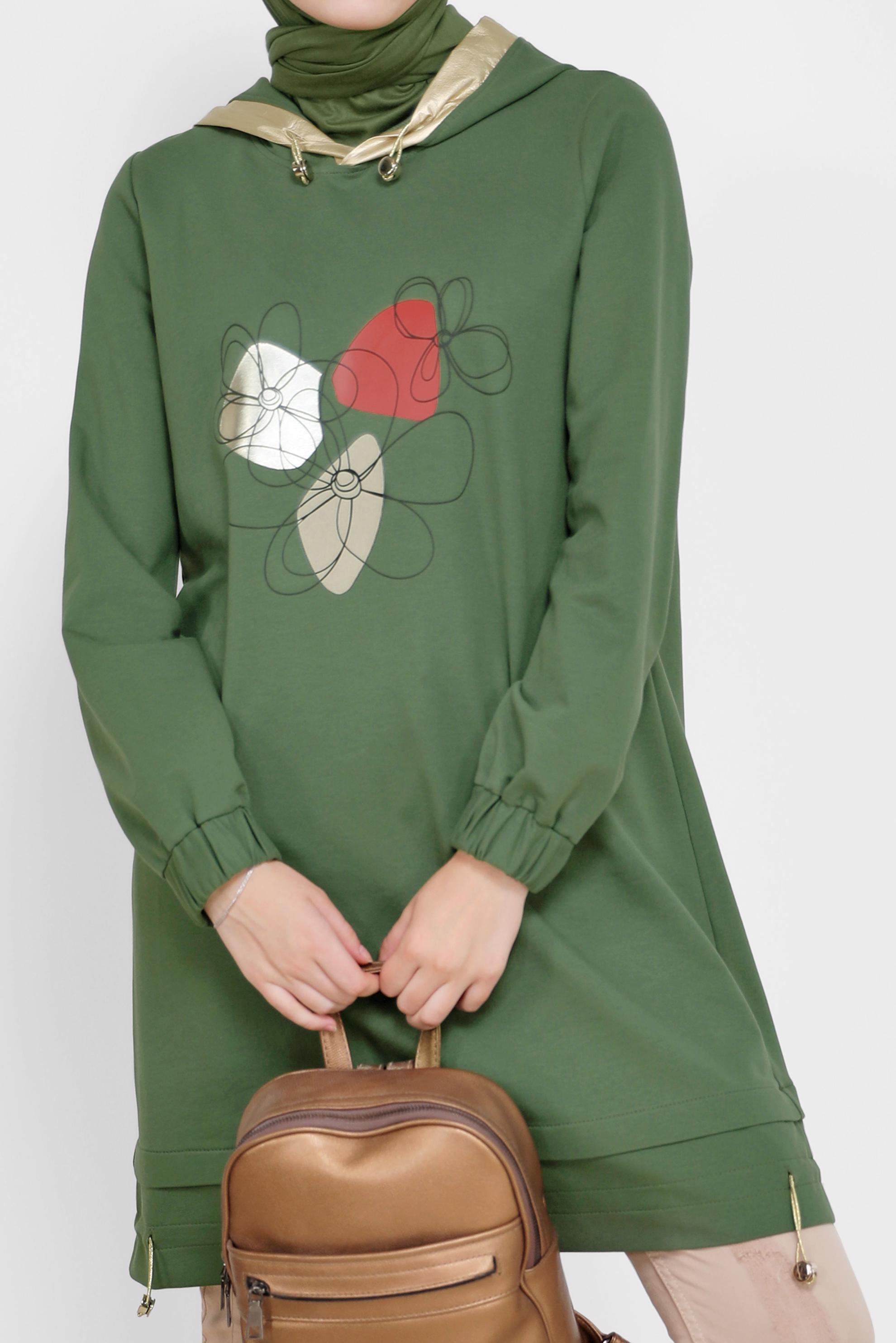 Tesettür giyim HAKİ ÇİÇEK BASKILI KAPÜŞONLU EŞOFMAN TUNİK 42184 