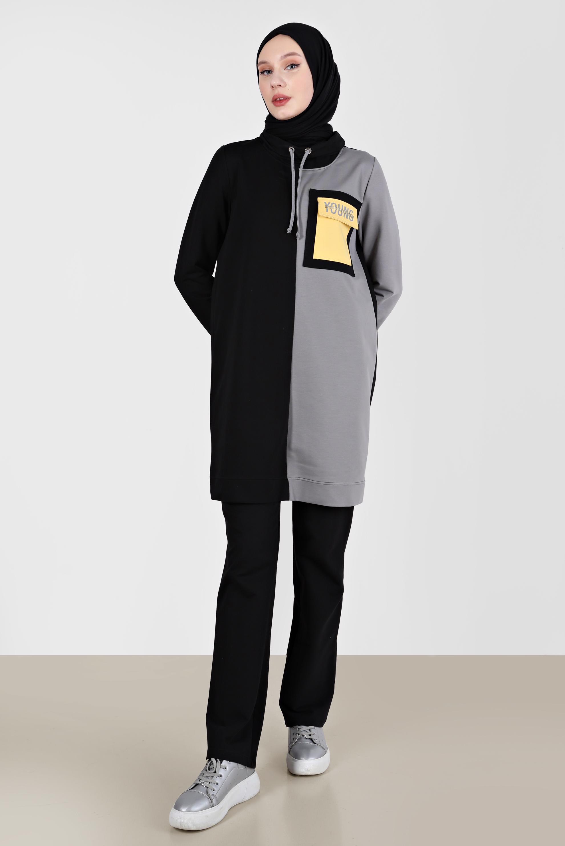 Tesettür giyim SİYAH YAZI DETAYLI PANTOLONLU EŞOFMAN TAKIMI 42239