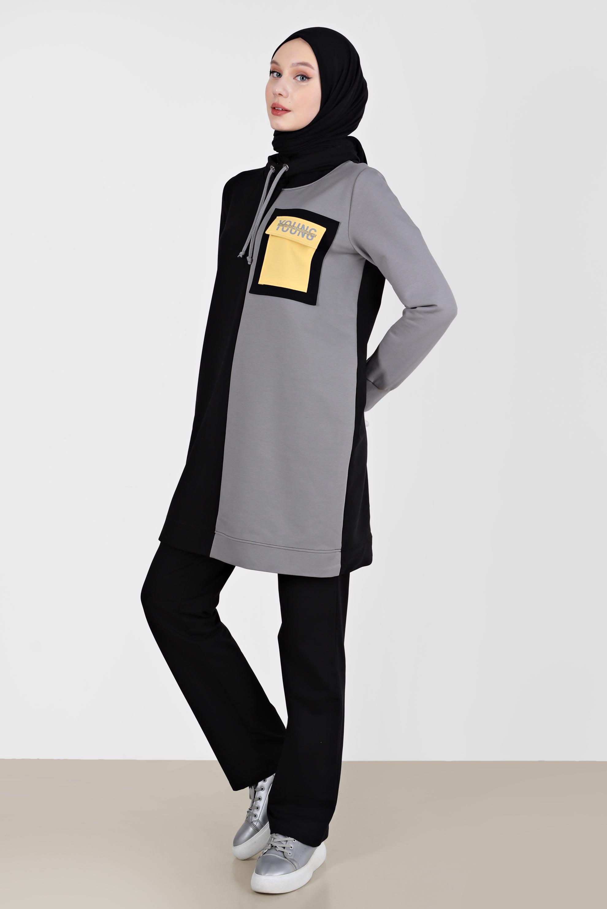 Tesettür giyim SİYAH YAZI DETAYLI PANTOLONLU EŞOFMAN TAKIMI 42239