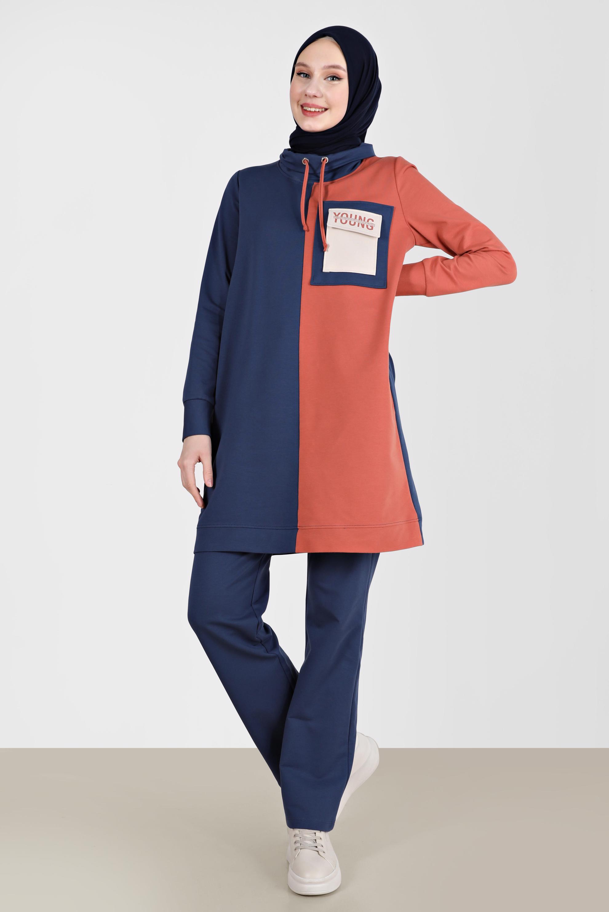 Tesettür giyim MAVİ YAZI DETAYLI PANTOLONLU EŞOFMAN TAKIMI 42239