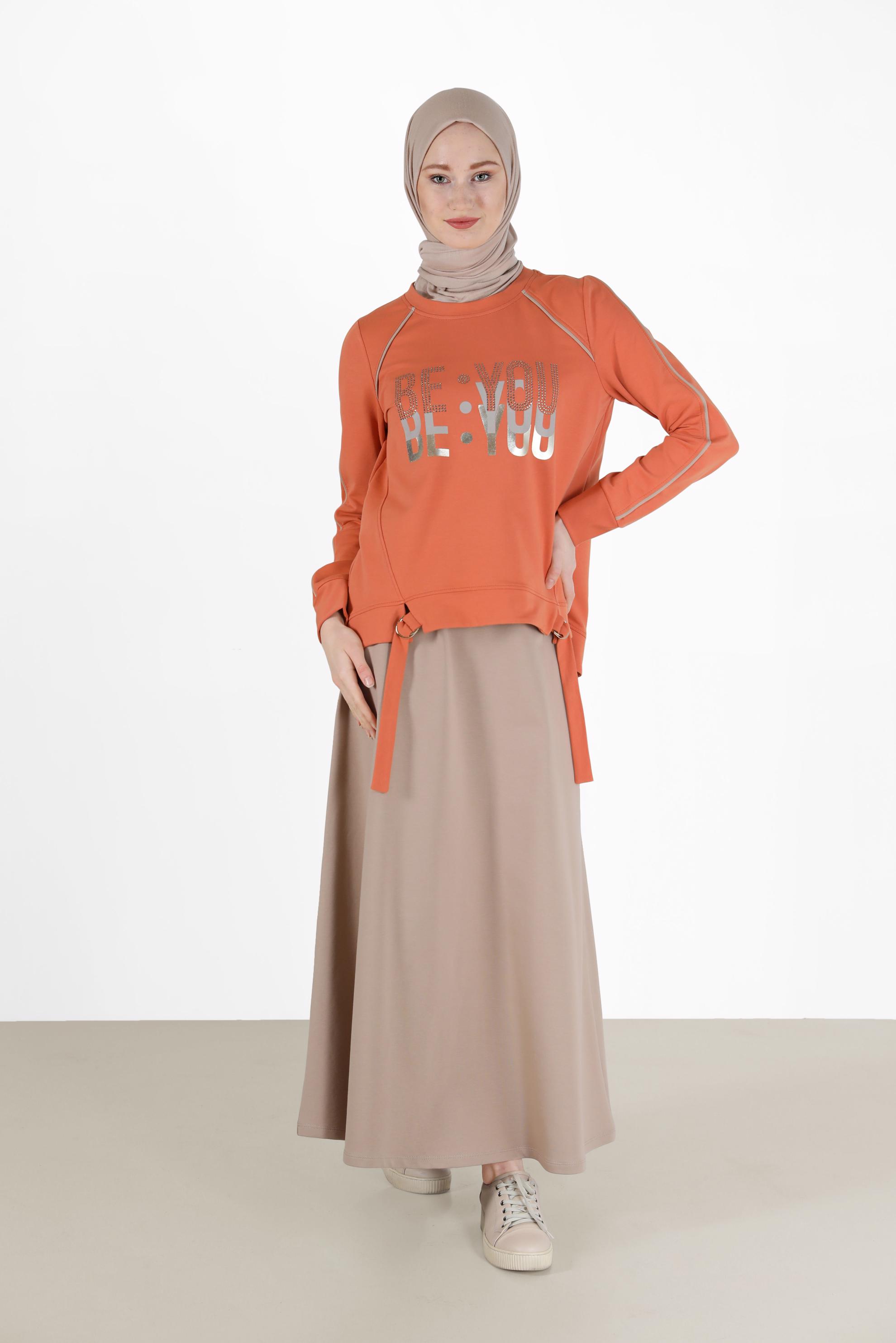 Tesettür giyim TURUNCU BASKI DETAYLI İKİLİ ETEKLİ EŞOFMAN TAKIM 42240 