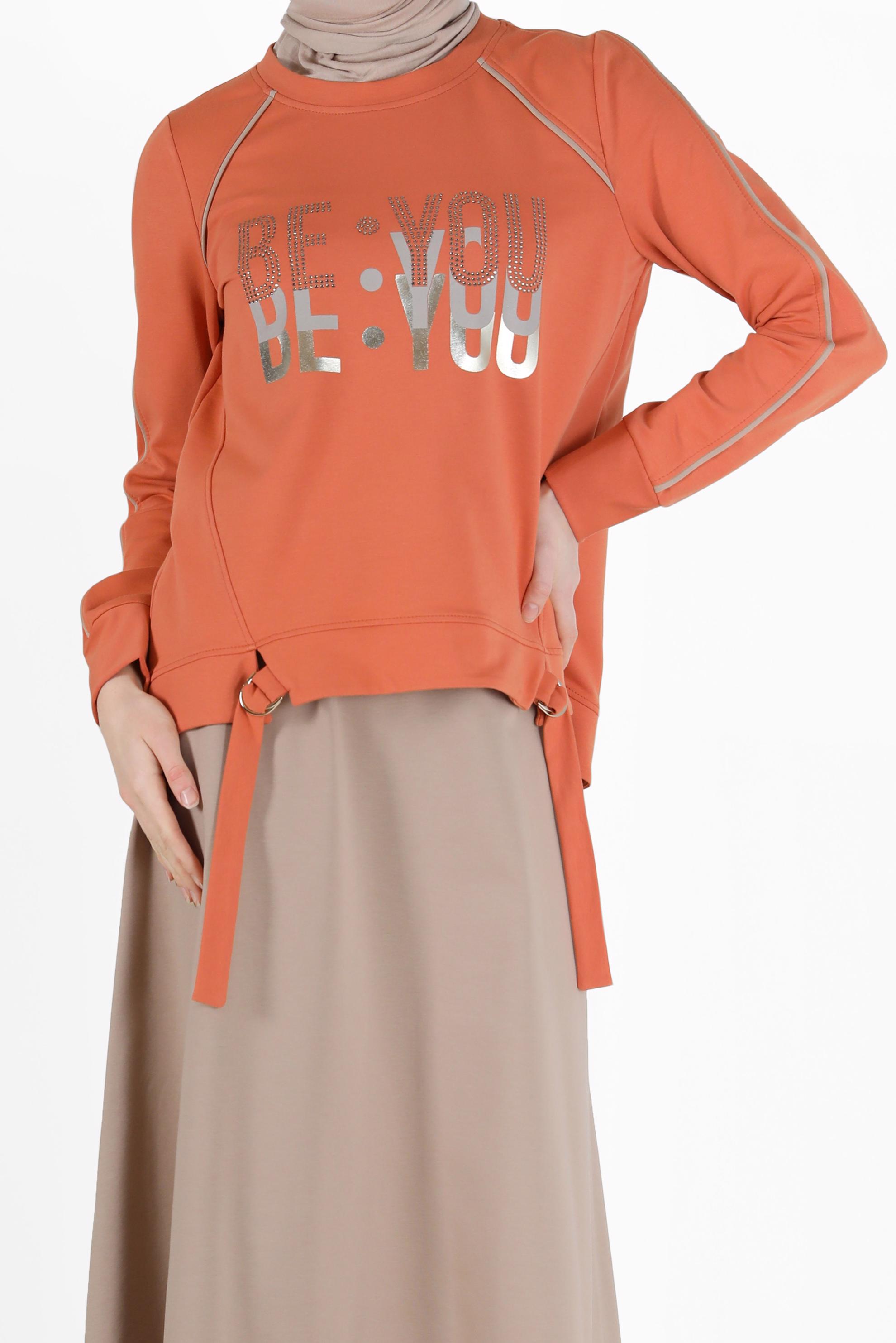 Tesettür giyim TURUNCU BASKI DETAYLI İKİLİ ETEKLİ EŞOFMAN TAKIM 42240 