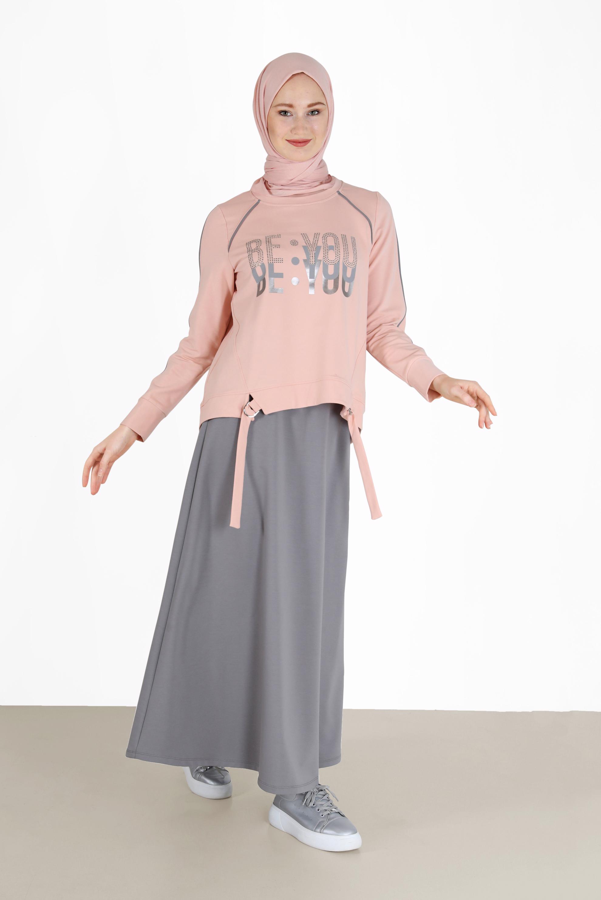 Tesettür giyim PUDRA BASKI DETAYLI İKİLİ ETEKLİ EŞOFMAN TAKIM 42240 