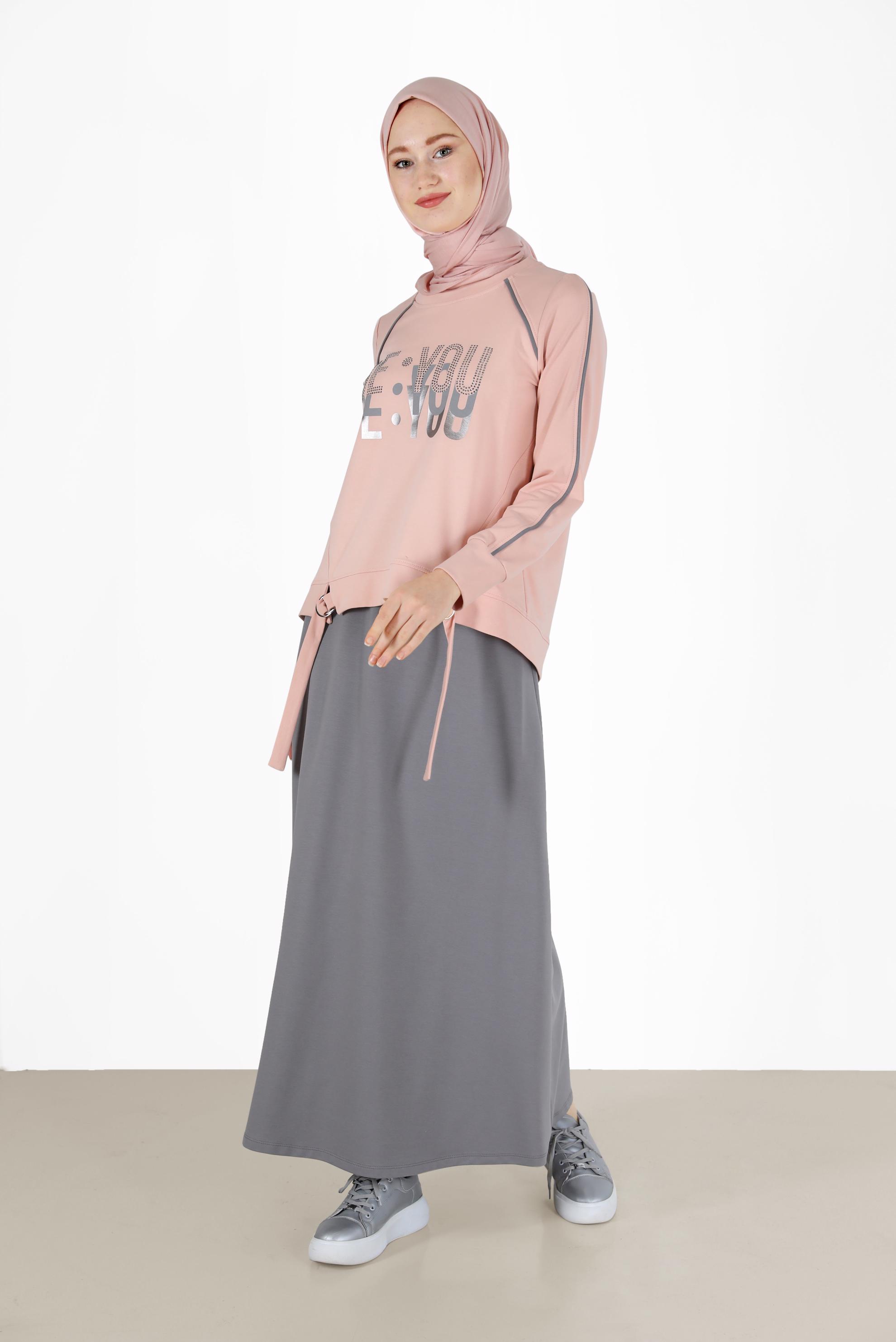 Tesettür giyim PUDRA BASKI DETAYLI İKİLİ ETEKLİ EŞOFMAN TAKIM 42240 