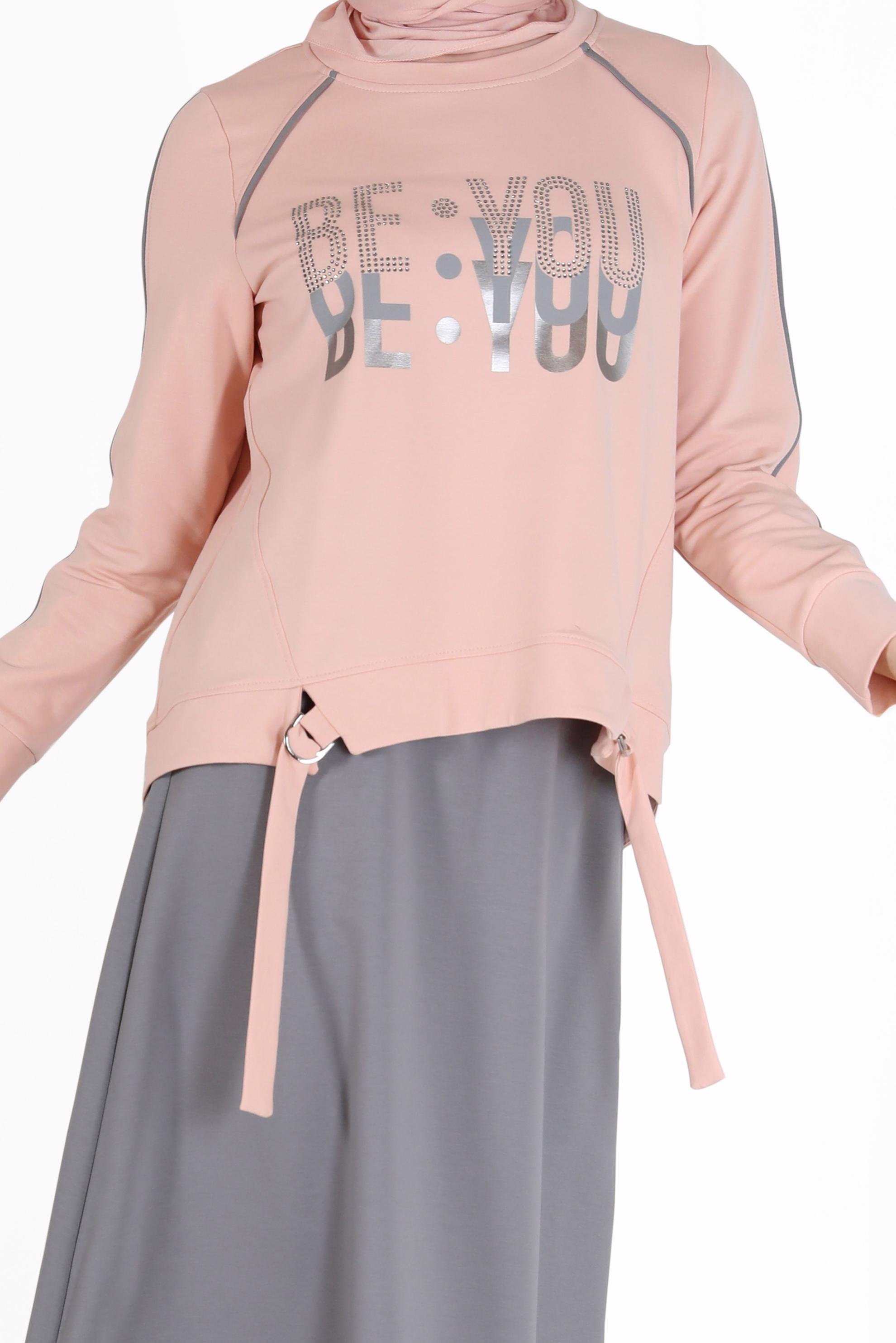 Tesettür giyim PUDRA BASKI DETAYLI İKİLİ ETEKLİ EŞOFMAN TAKIM 42240 