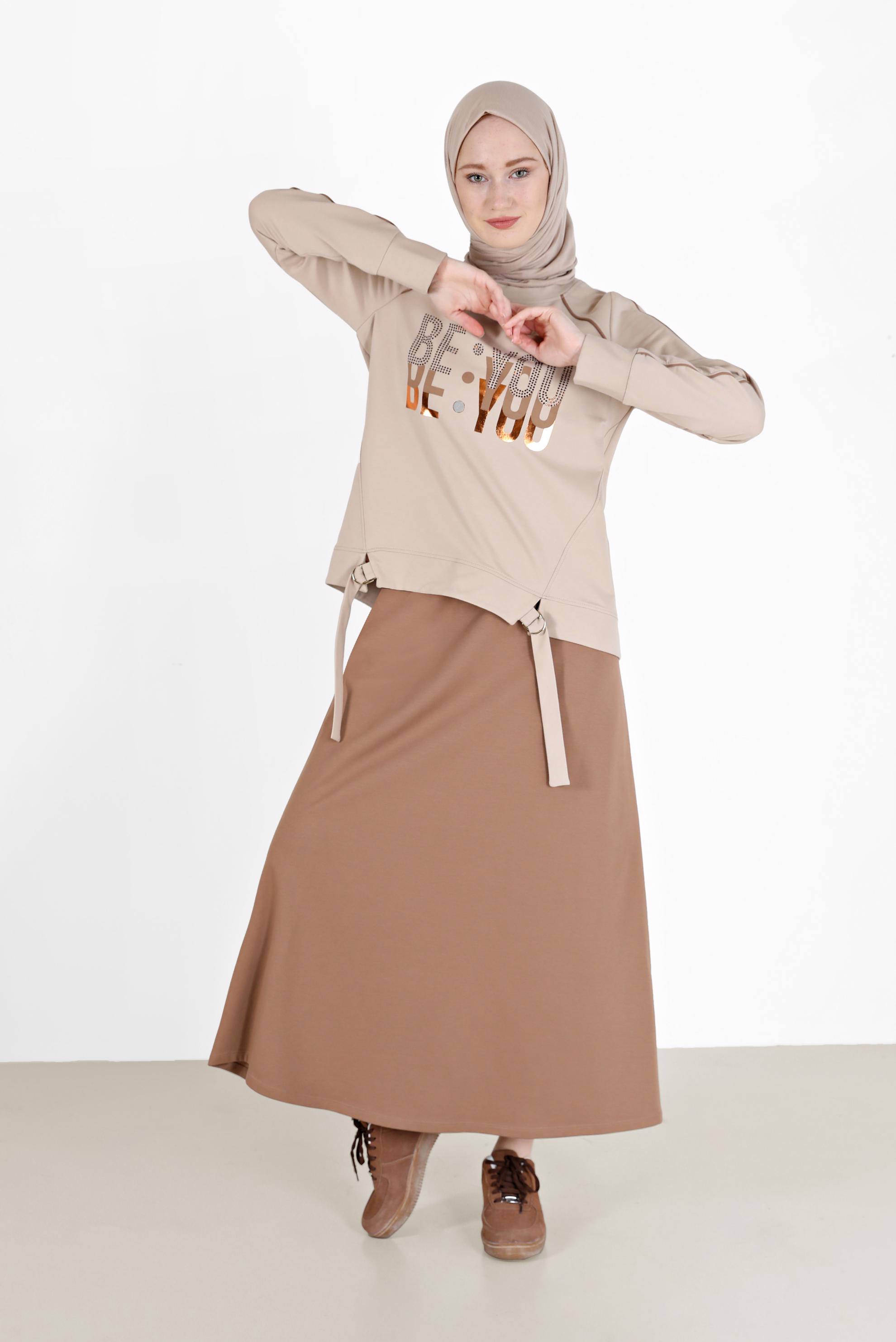 Hijab clothing BEIGE PRINT DETAIL 2-PIECE SKIRTED TRACKSUIT SET 42240 