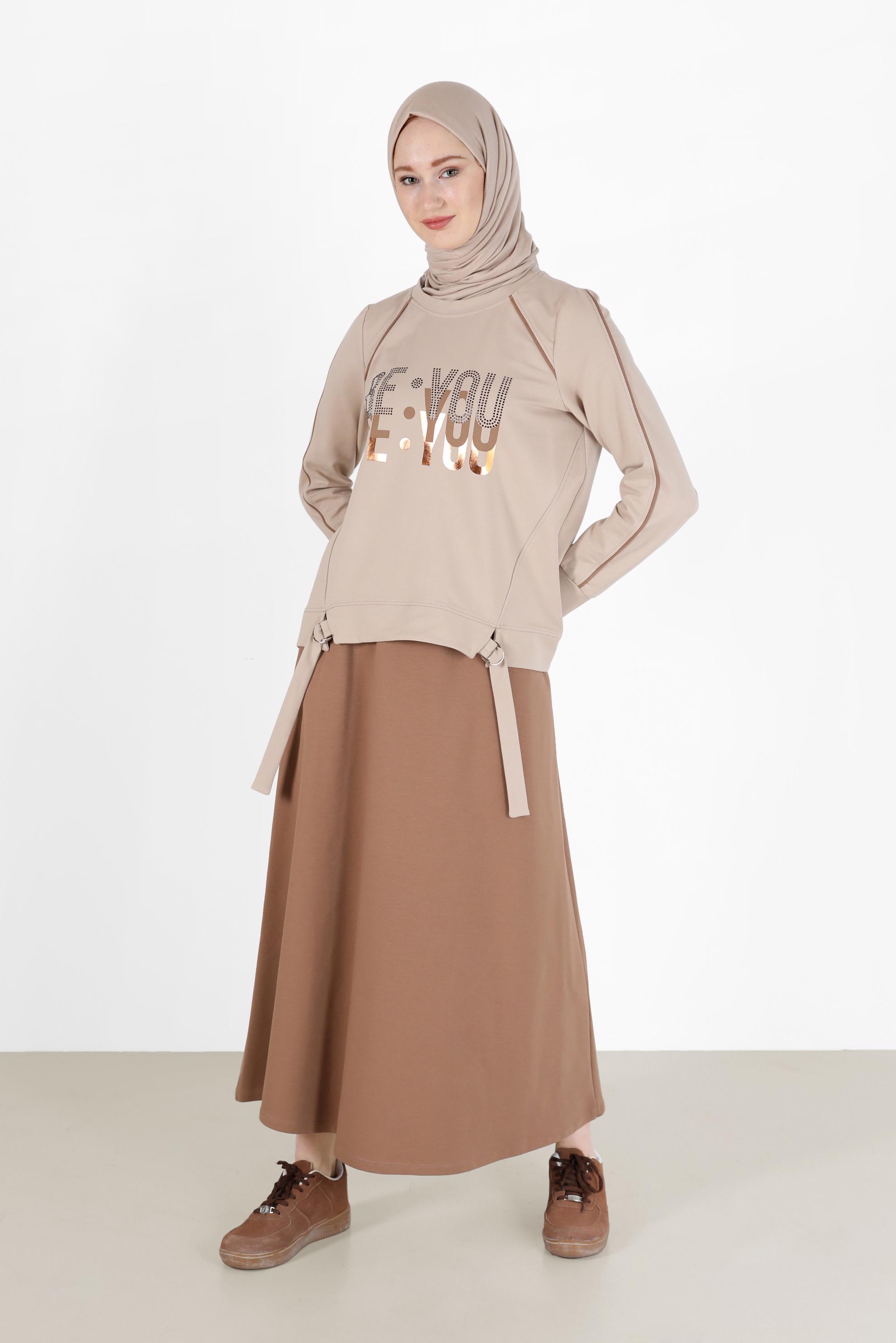 Hijab clothing BEIGE PRINT DETAIL 2-PIECE SKIRTED TRACKSUIT SET 42240 