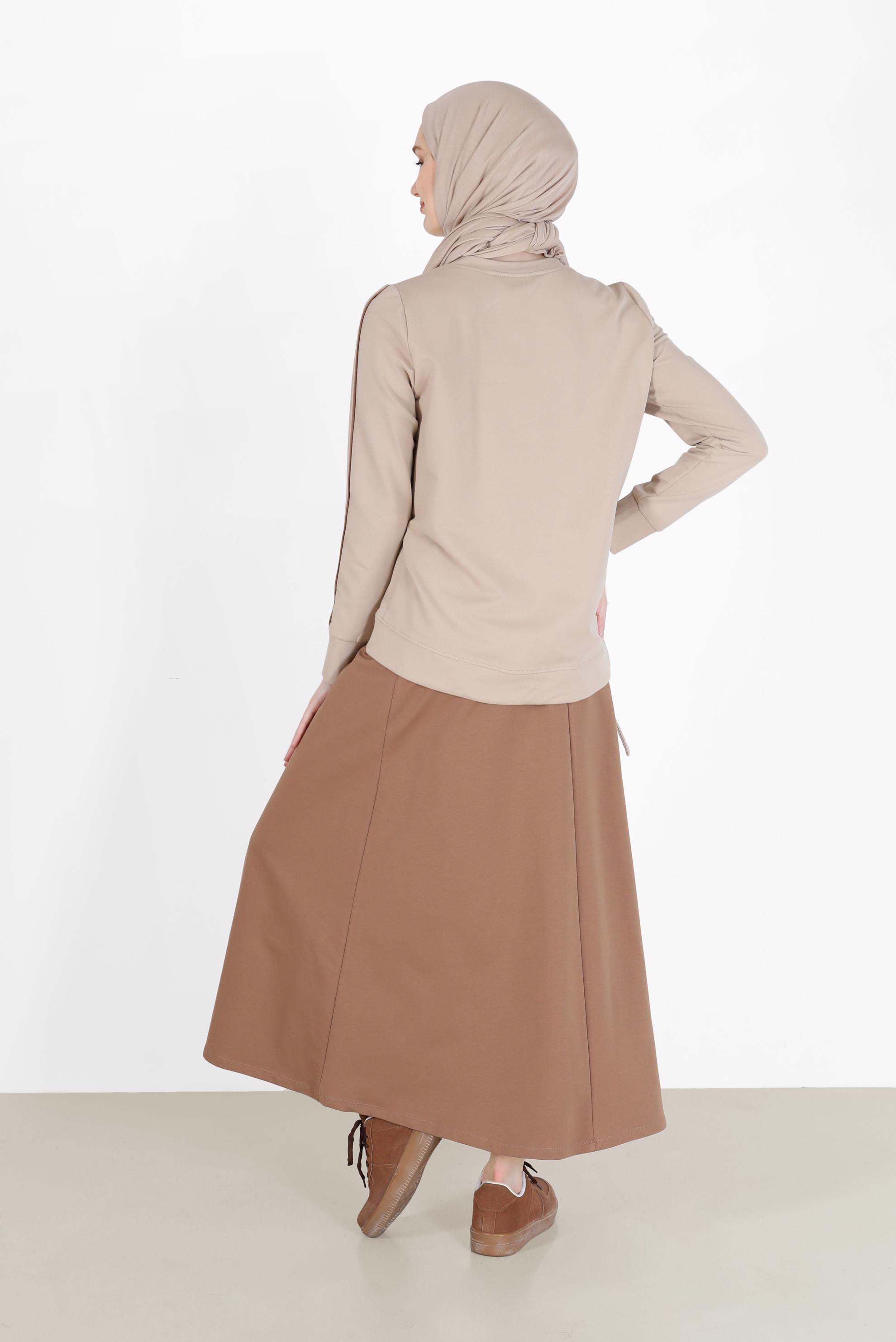 Hijab clothing BEIGE PRINT DETAIL 2-PIECE SKIRTED TRACKSUIT SET 42240 