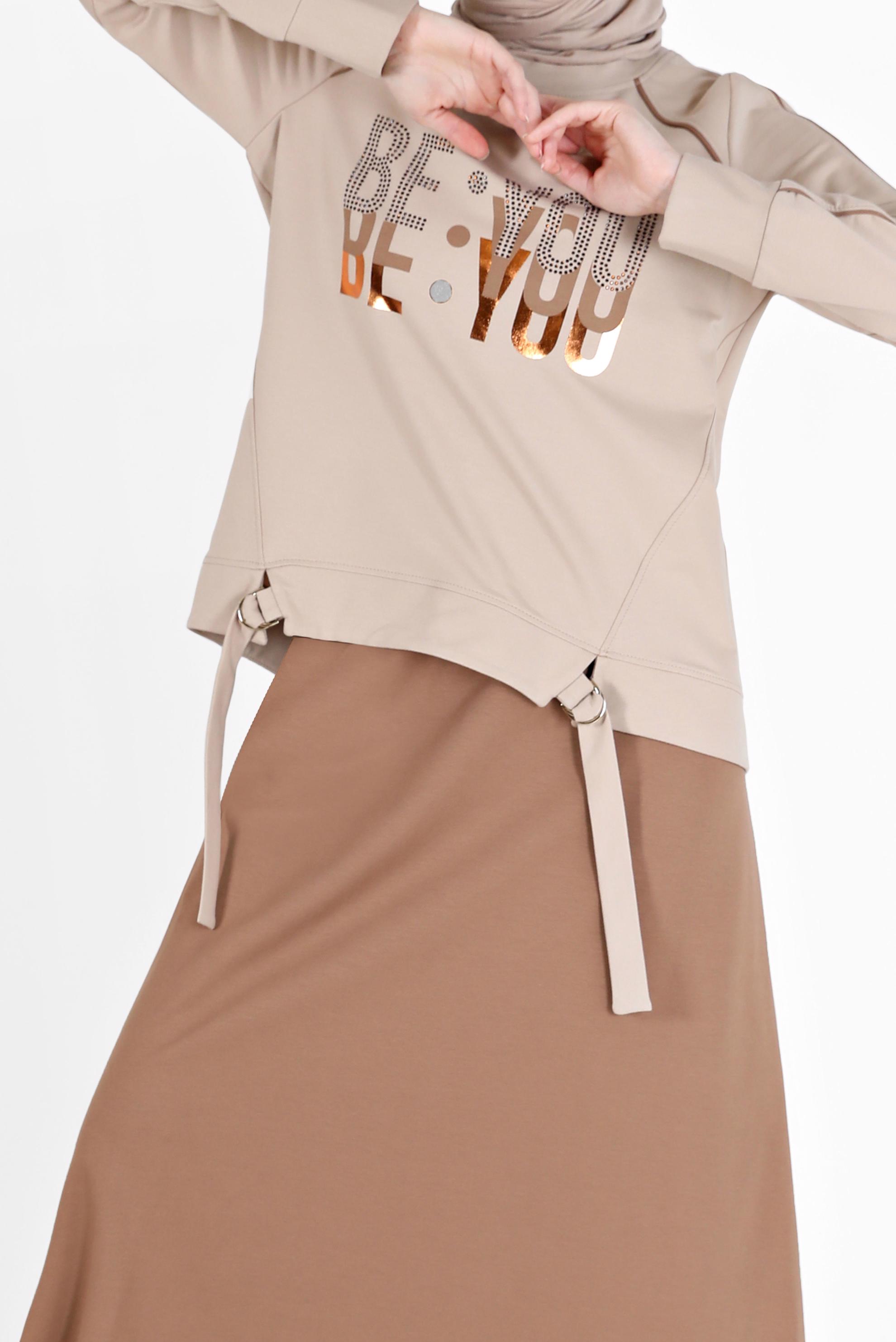 Hijab clothing BEIGE PRINT DETAIL 2-PIECE SKIRTED TRACKSUIT SET 42240 