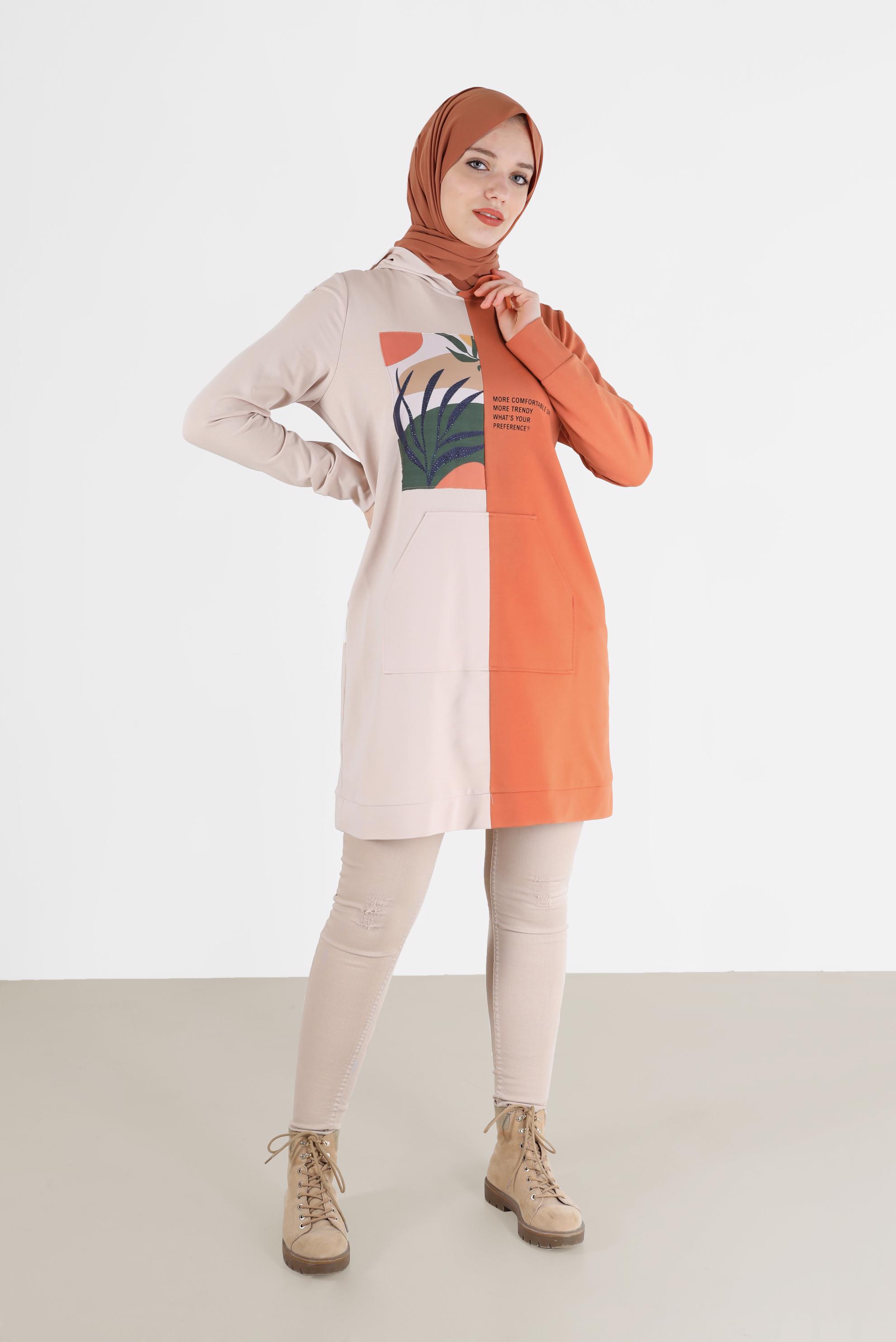 Hijab clothing ORANGE PRINT DETAIL 2-COLOR TRACKSUIT TUNIC 42241 