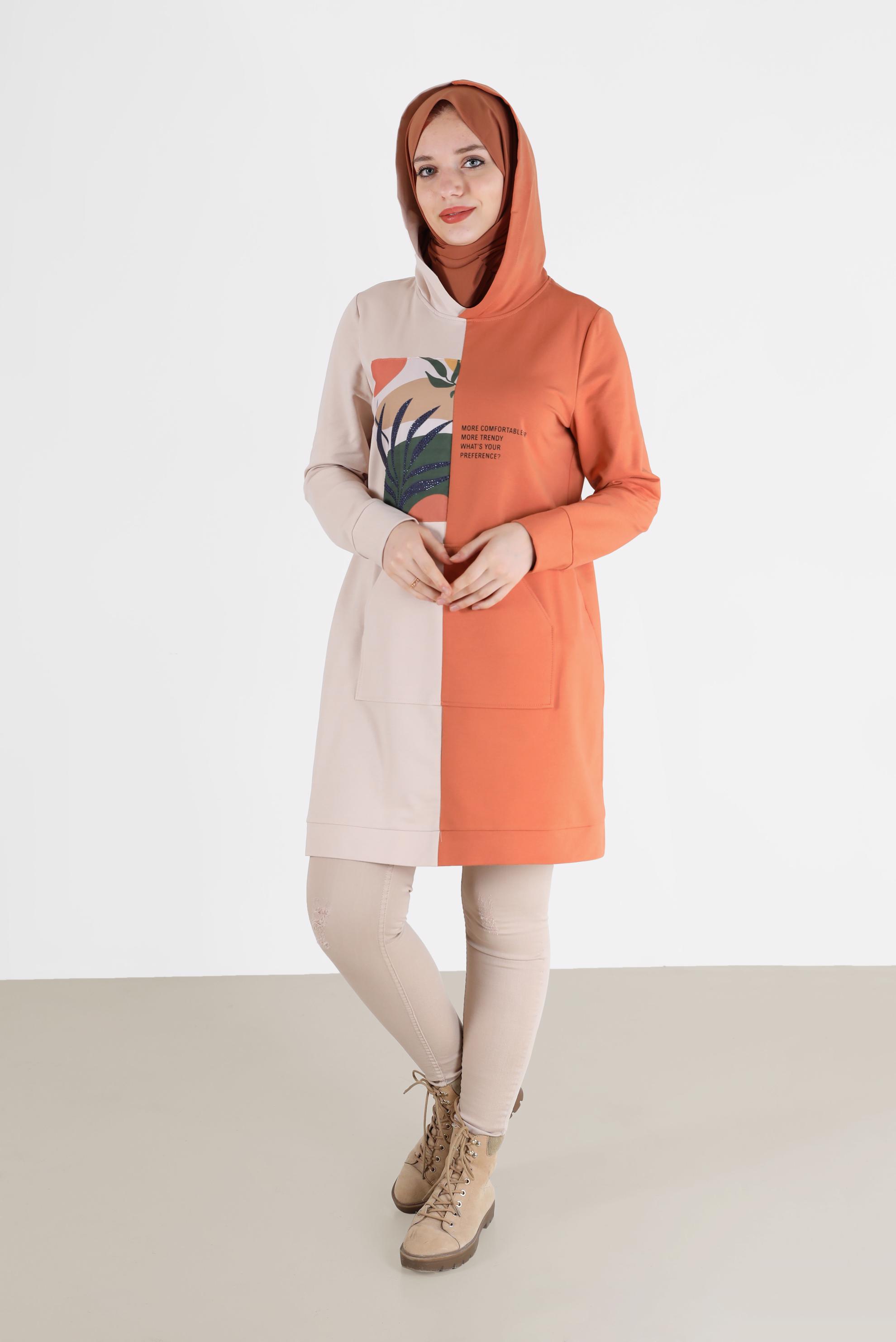 Hijab clothing ORANGE PRINT DETAIL 2-COLOR TRACKSUIT TUNIC 42241 
