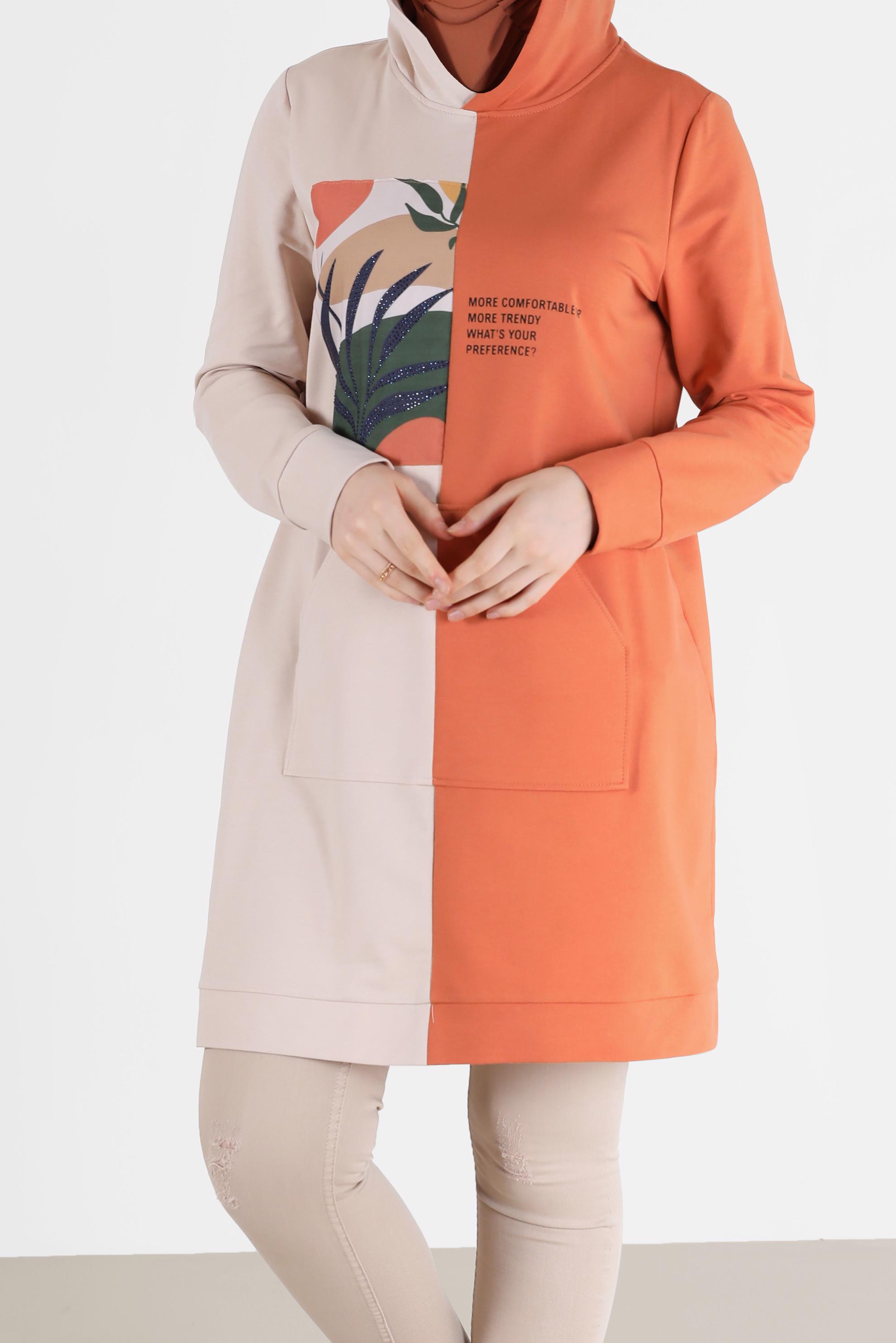 Hijab clothing ORANGE PRINT DETAIL 2-COLOR TRACKSUIT TUNIC 42241 