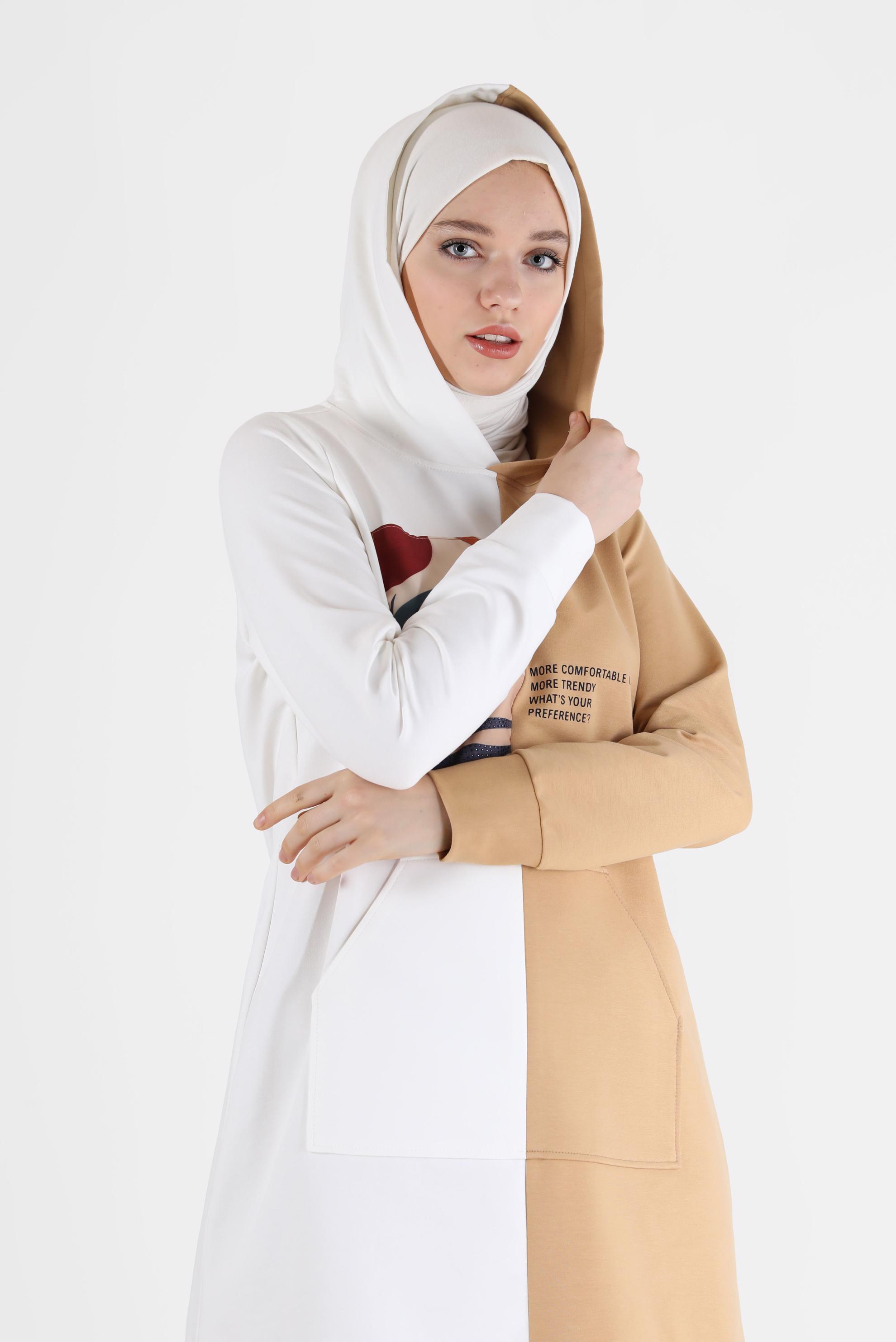 Tesettür giyim KAHVE BASKI DETAYLI İKİ RENK EŞOFMAN TUNİK 42241 