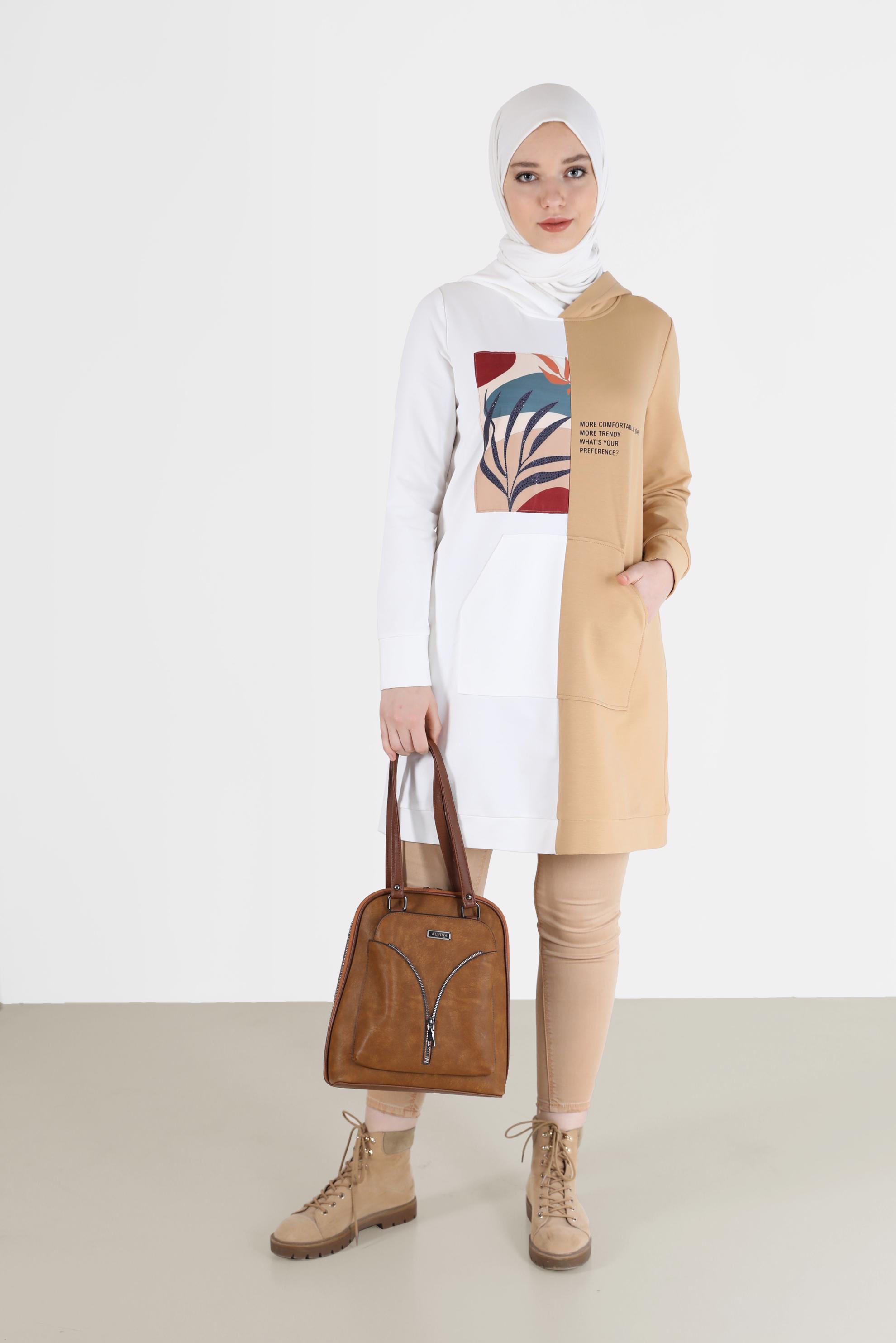 Tesettür giyim KAHVE BASKI DETAYLI İKİ RENK EŞOFMAN TUNİK 42241 