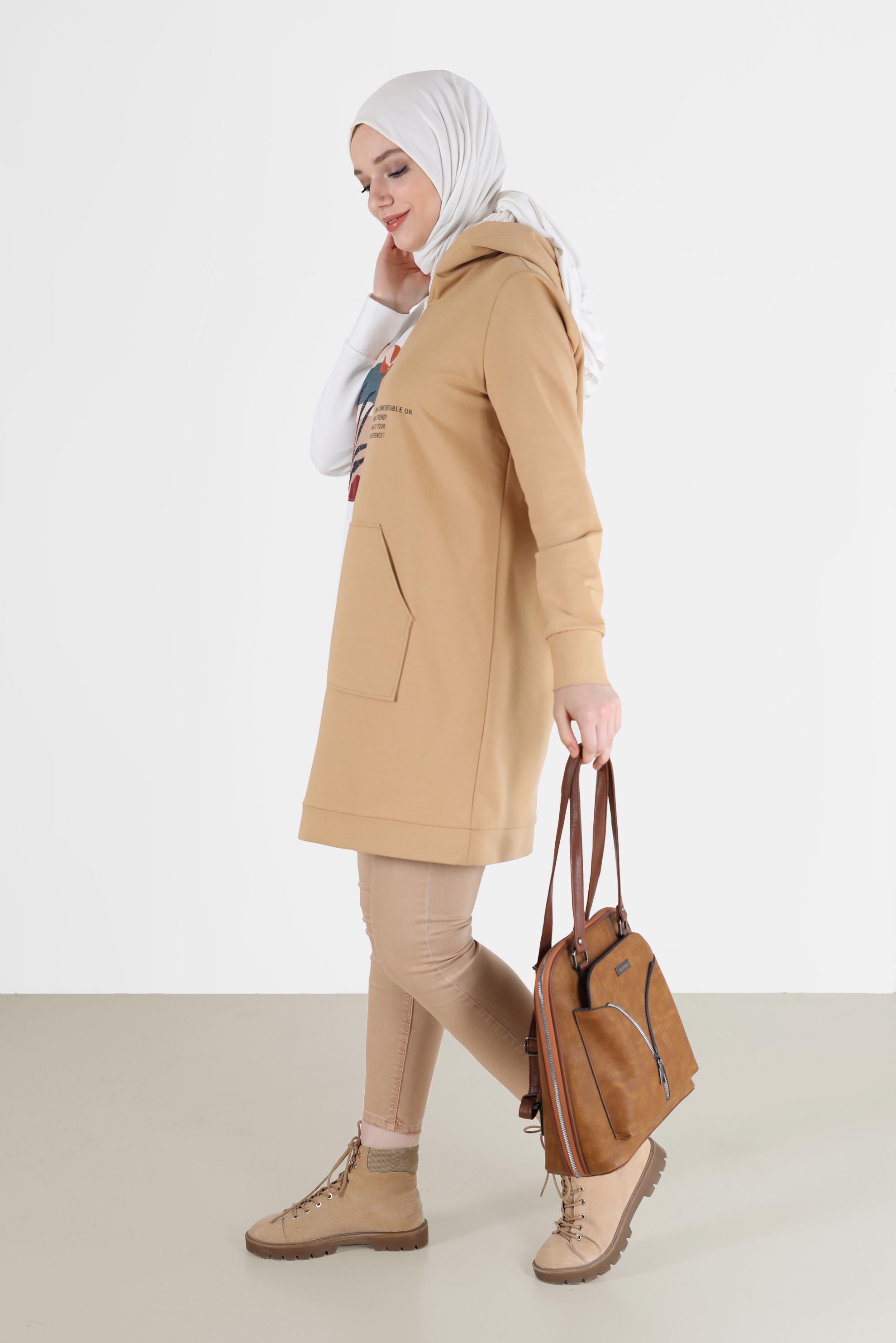 Tesettür giyim KAHVE BASKI DETAYLI İKİ RENK EŞOFMAN TUNİK 42241 