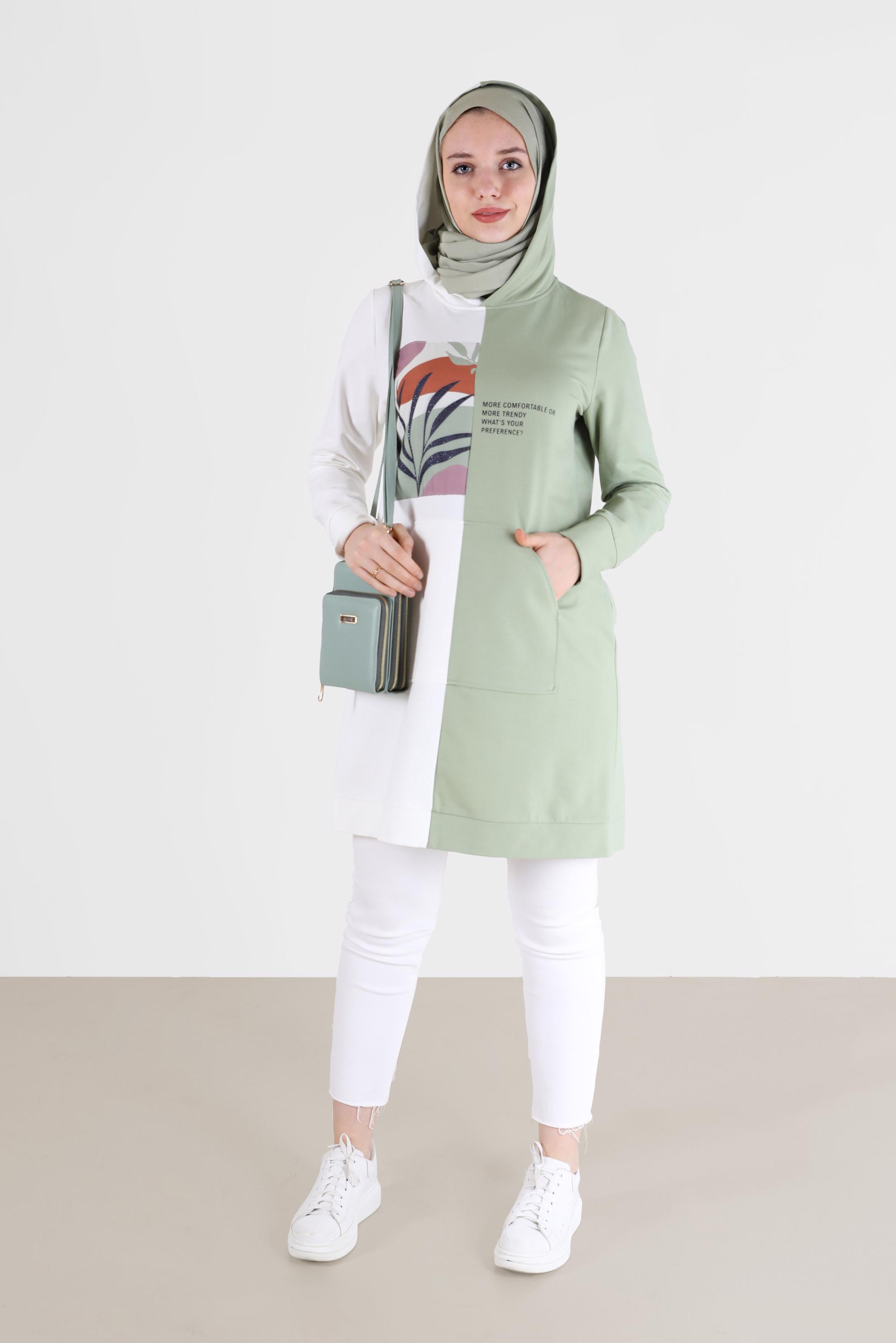 Tesettür giyim YEŞİL BASKI DETAYLI İKİ RENK EŞOFMAN TUNİK 42241 