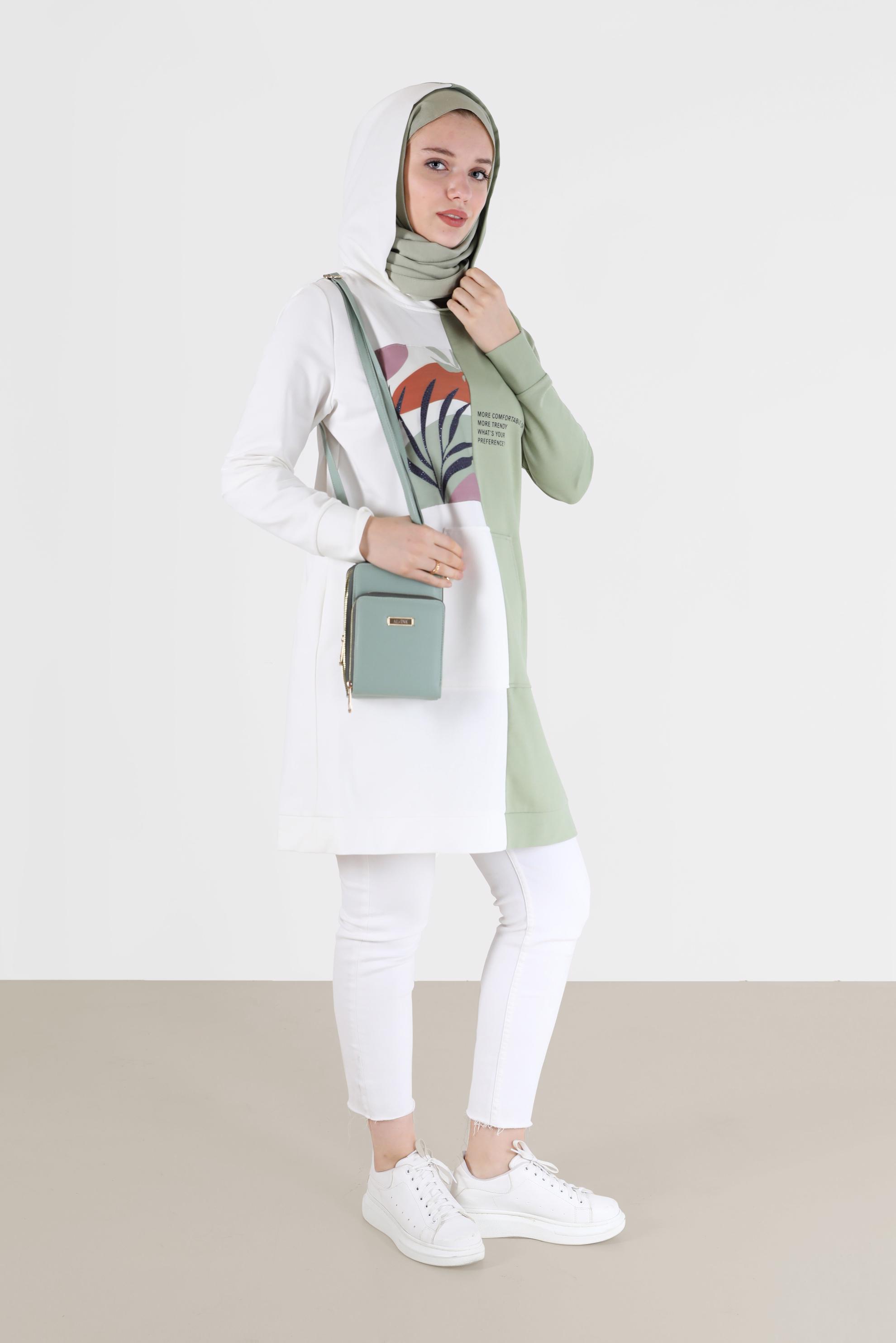 Tesettür giyim YEŞİL BASKI DETAYLI İKİ RENK EŞOFMAN TUNİK 42241 