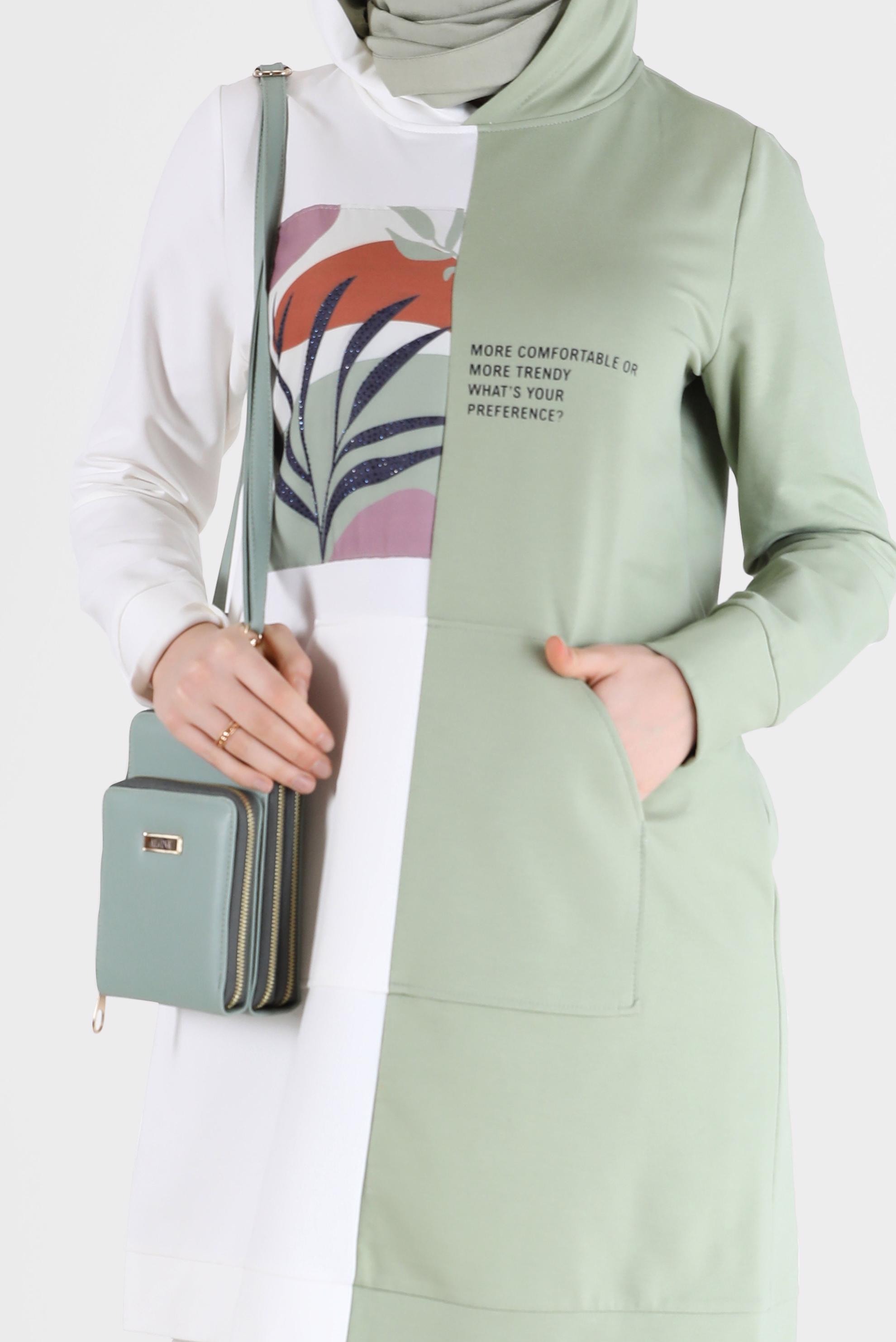 Tesettür giyim YEŞİL BASKI DETAYLI İKİ RENK EŞOFMAN TUNİK 42241 