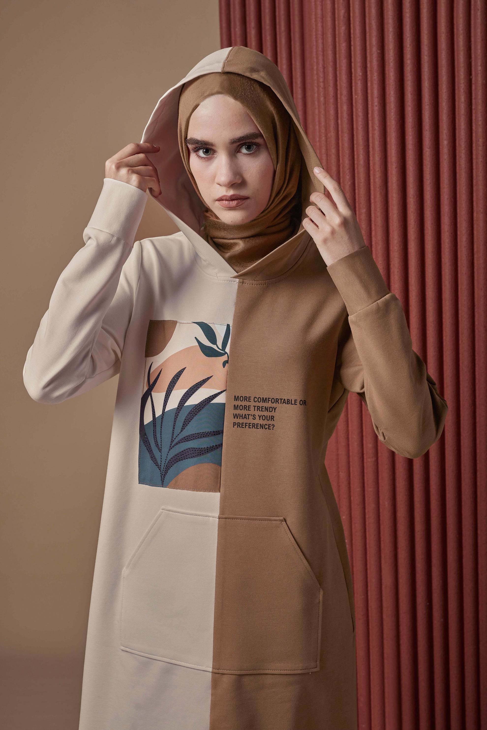 Hijab clothing BROWN PRINT DETAIL 2-COLOR TRACKSUIT TUNIC 42241 