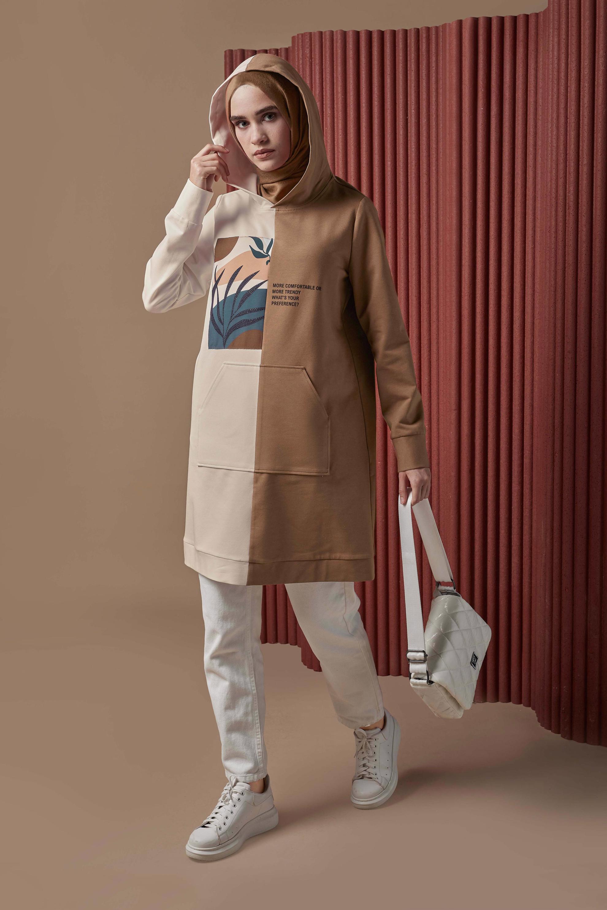 Hijab clothing BROWN PRINT DETAIL 2-COLOR TRACKSUIT TUNIC 42241 