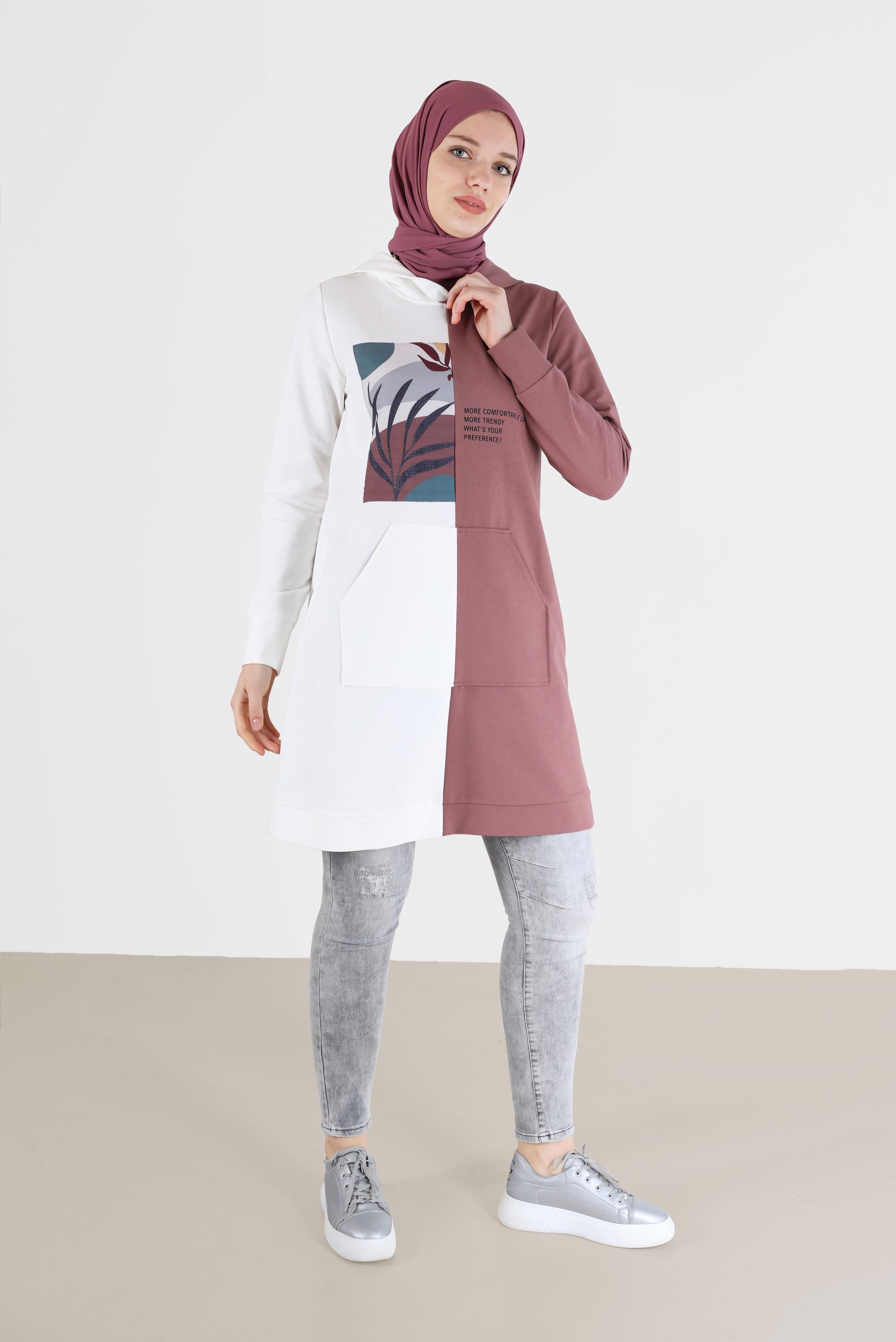 Tesettür giyim PEMBE BASKI DETAYLI İKİ RENK EŞOFMAN TUNİK 42241 