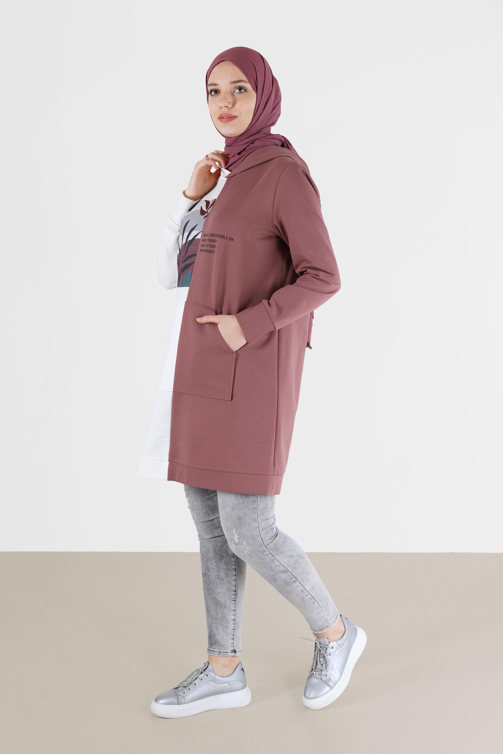 Tesettür giyim PEMBE BASKI DETAYLI İKİ RENK EŞOFMAN TUNİK 42241 