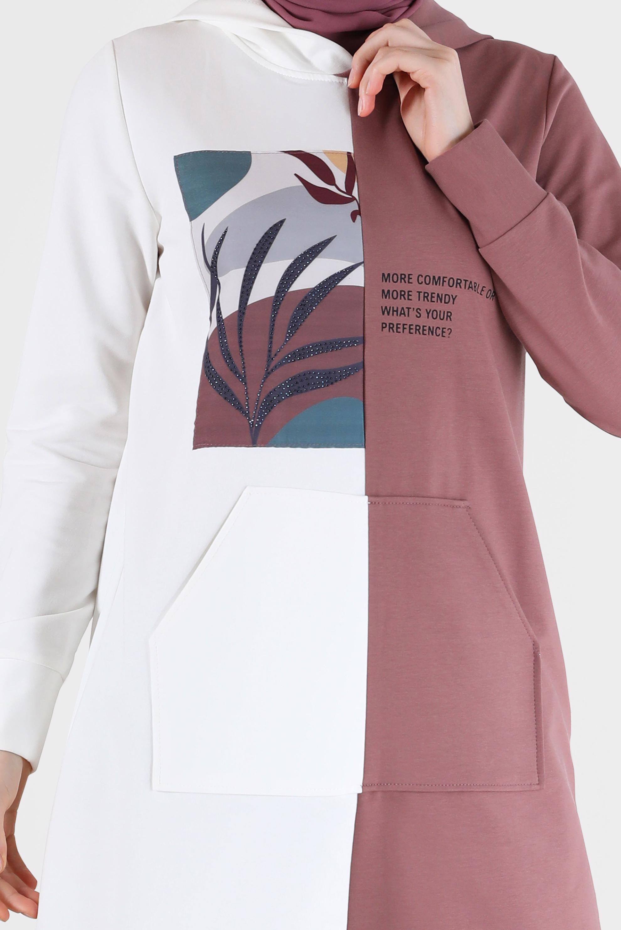 Tesettür giyim PEMBE BASKI DETAYLI İKİ RENK EŞOFMAN TUNİK 42241 