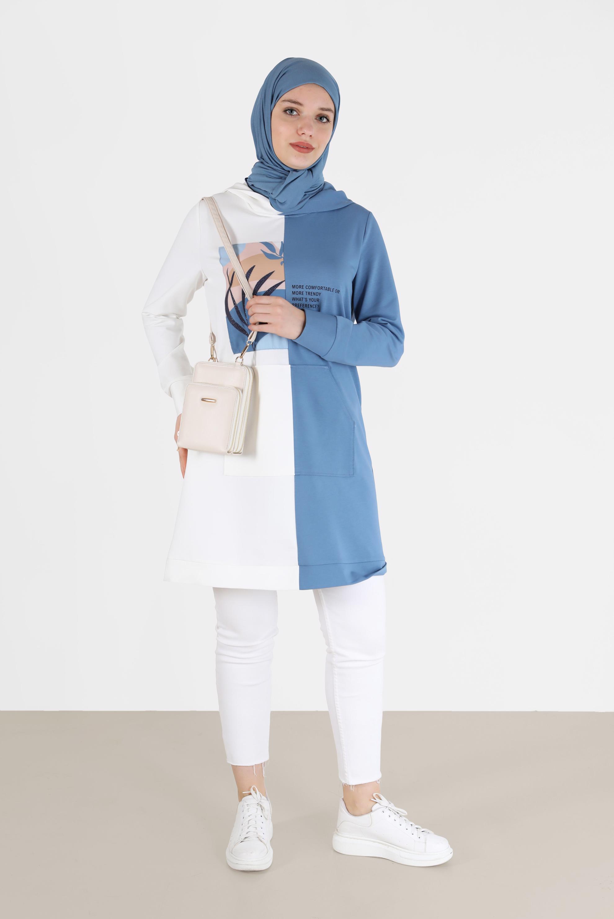 Tesettür giyim MAVİ BASKI DETAYLI İKİ RENK EŞOFMAN TUNİK 42241 