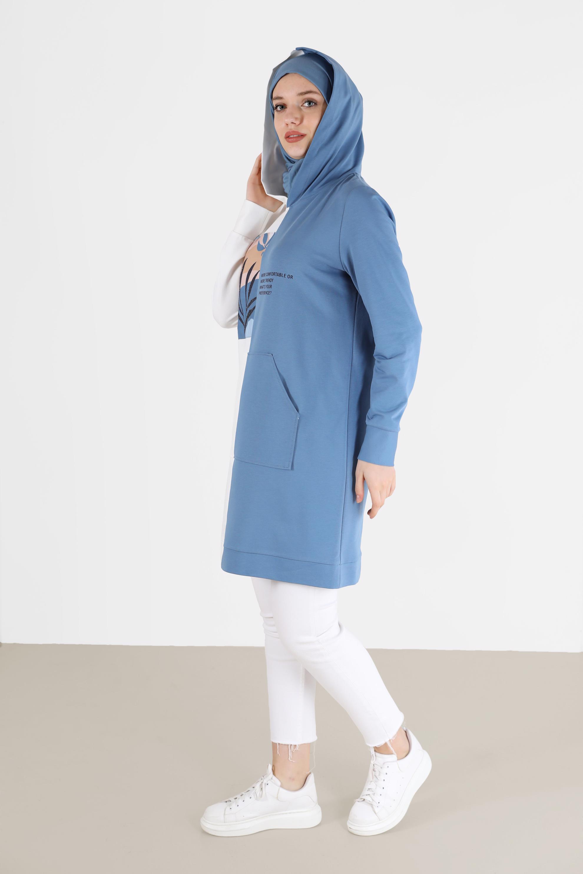 Tesettür giyim MAVİ BASKI DETAYLI İKİ RENK EŞOFMAN TUNİK 42241 