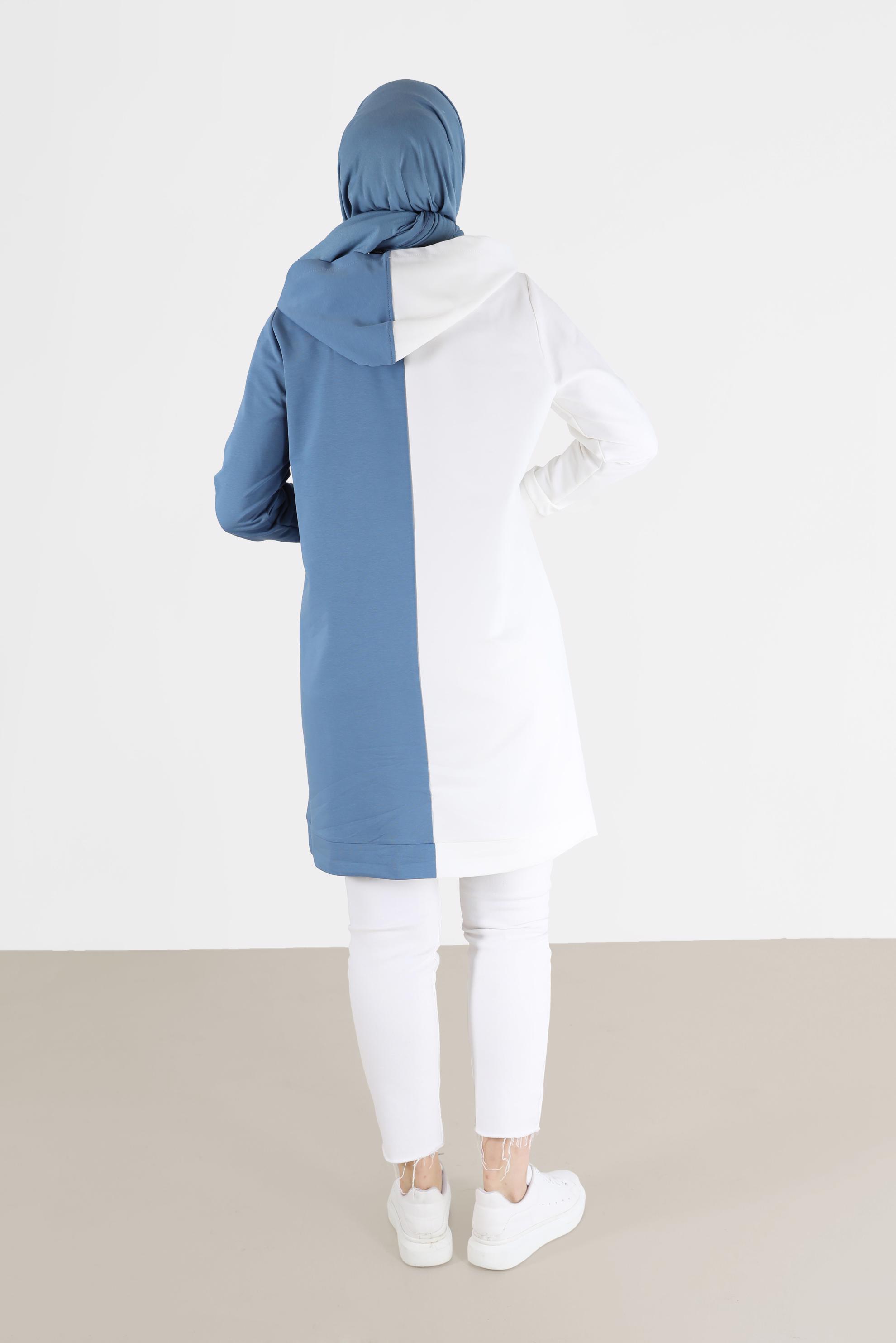 Tesettür giyim MAVİ BASKI DETAYLI İKİ RENK EŞOFMAN TUNİK 42241 