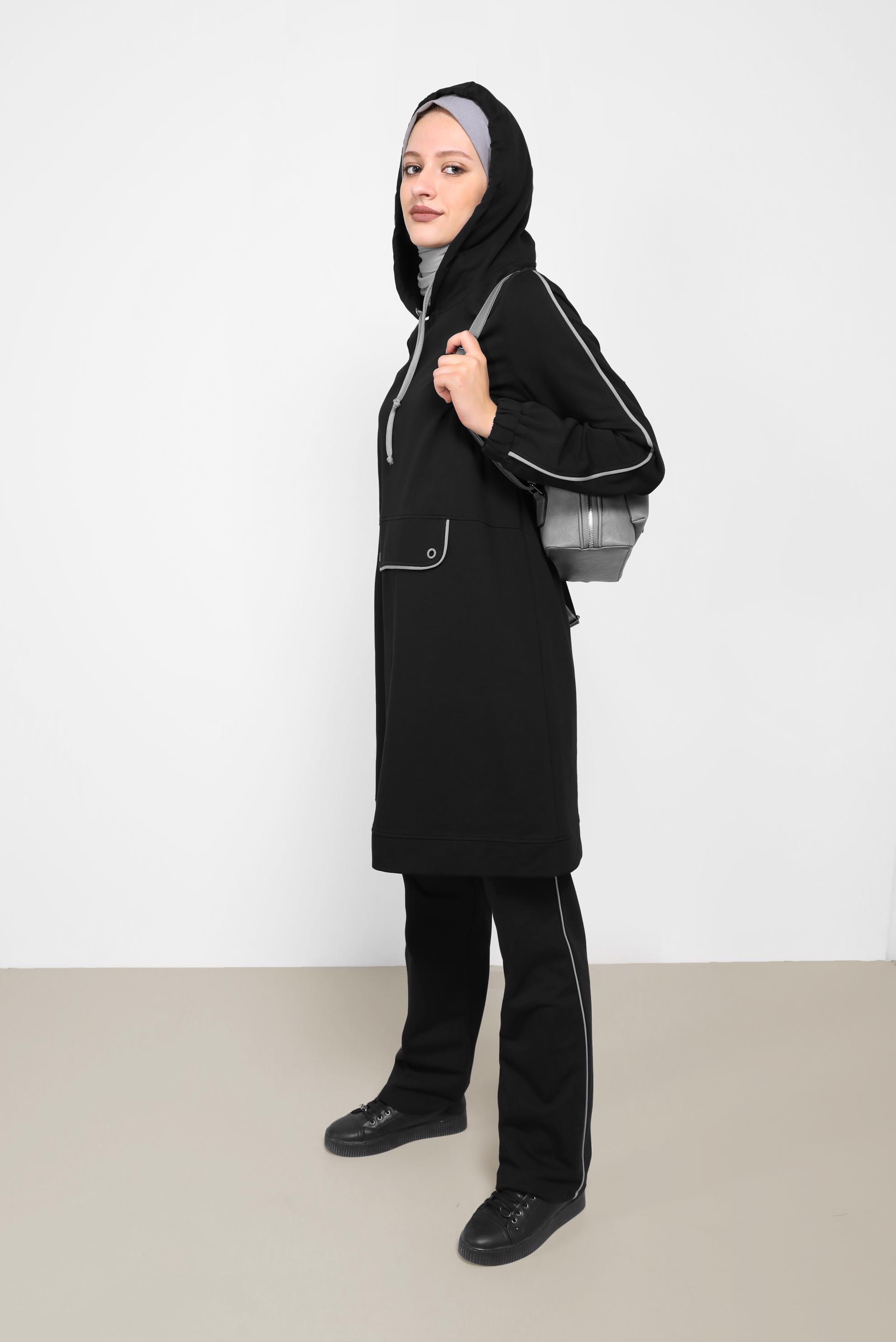 Tesettür giyim SİYAH KAPÜŞONLU İKİLİ EŞOFMAN TAKIMI 42243 