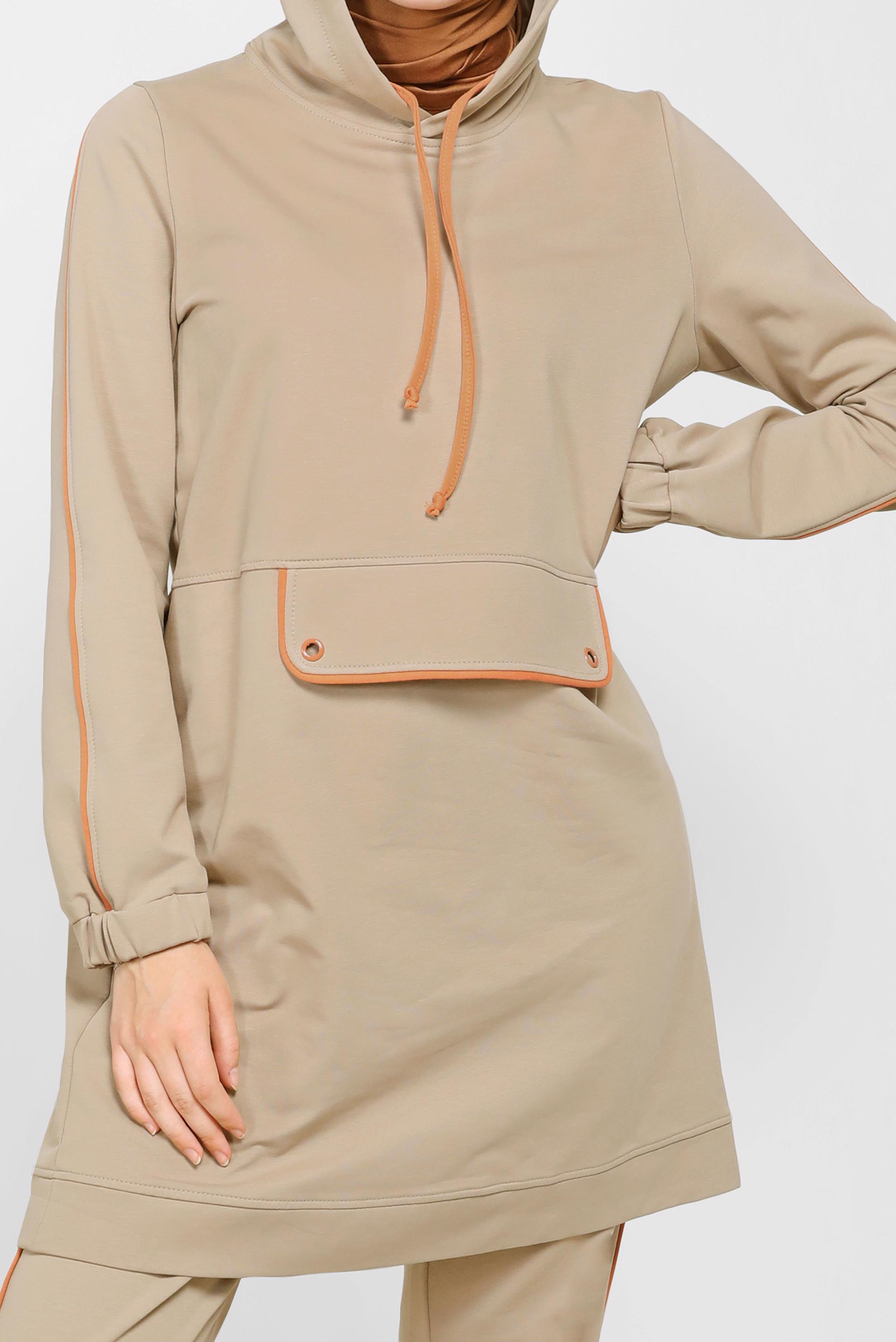 Tesettür giyim BEJ KAPÜŞONLU İKİLİ EŞOFMAN TAKIMI 42243 