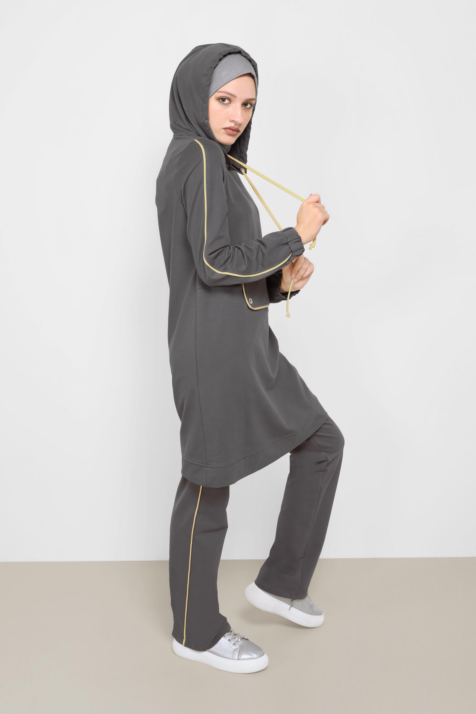 Tesettür giyim GRİ KAPÜŞONLU İKİLİ EŞOFMAN TAKIMI 42243 