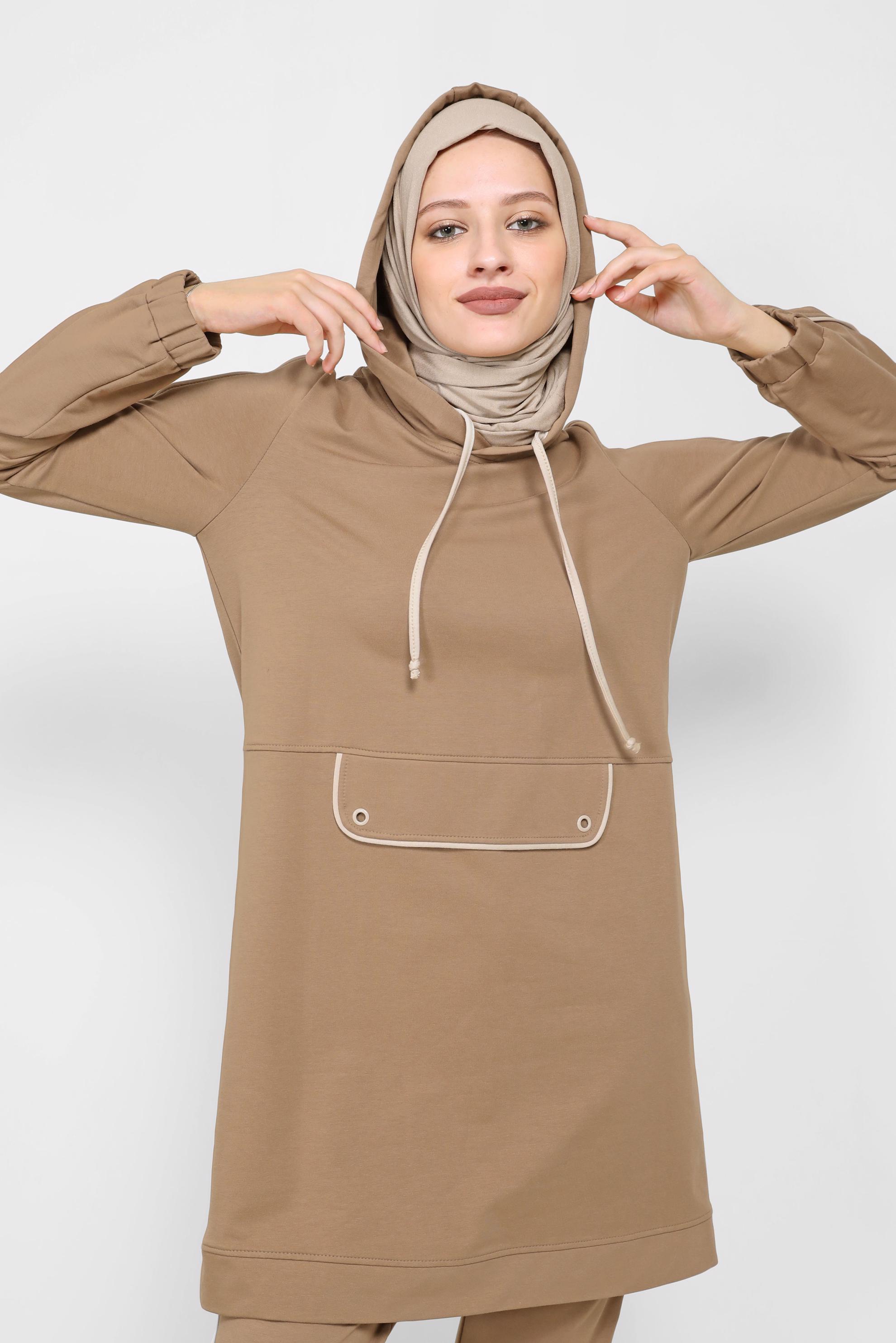 Tesettür giyim KAHVE KAPÜŞONLU İKİLİ EŞOFMAN TAKIMI 42243 