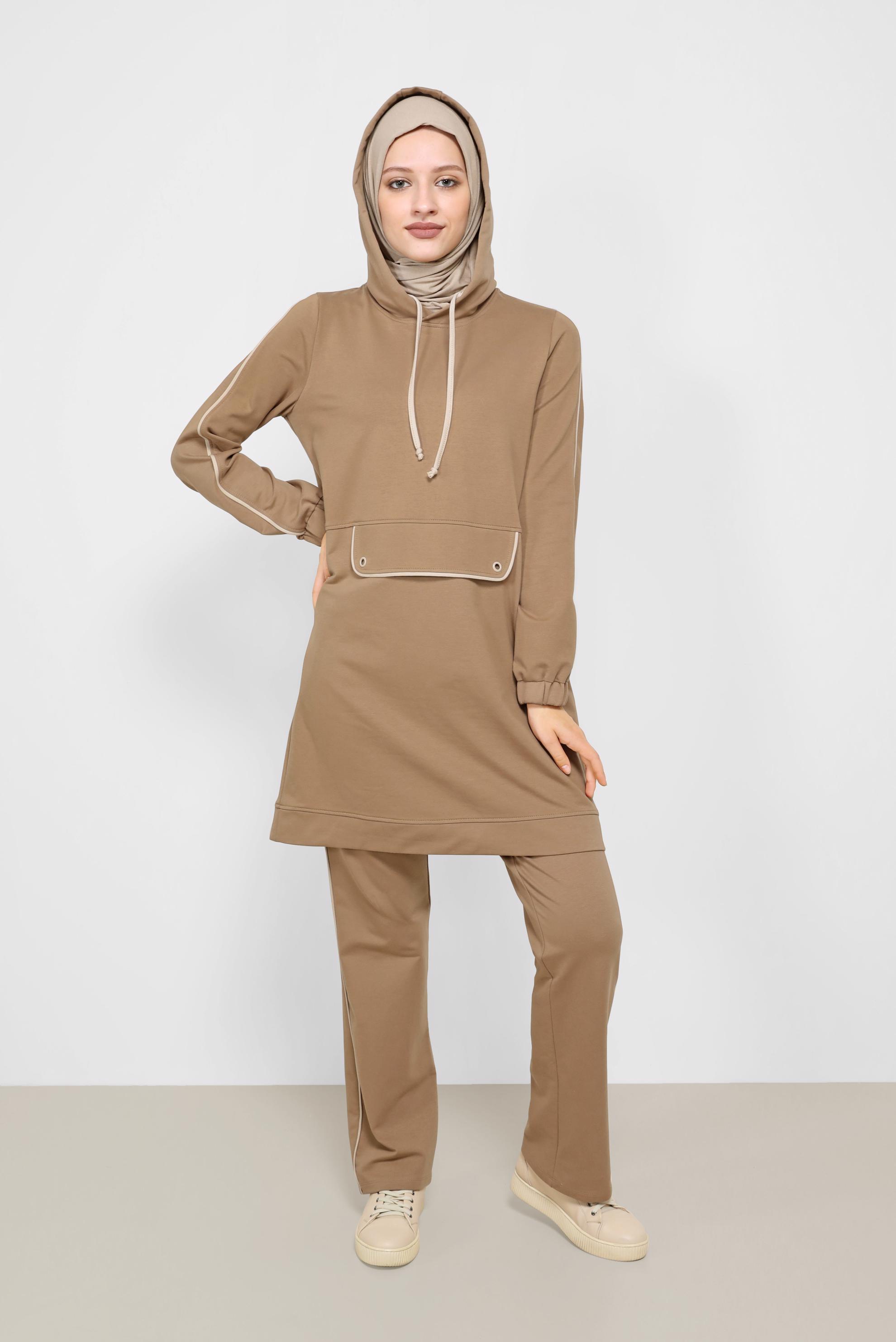 Tesettür giyim KAHVE KAPÜŞONLU İKİLİ EŞOFMAN TAKIMI 42243 