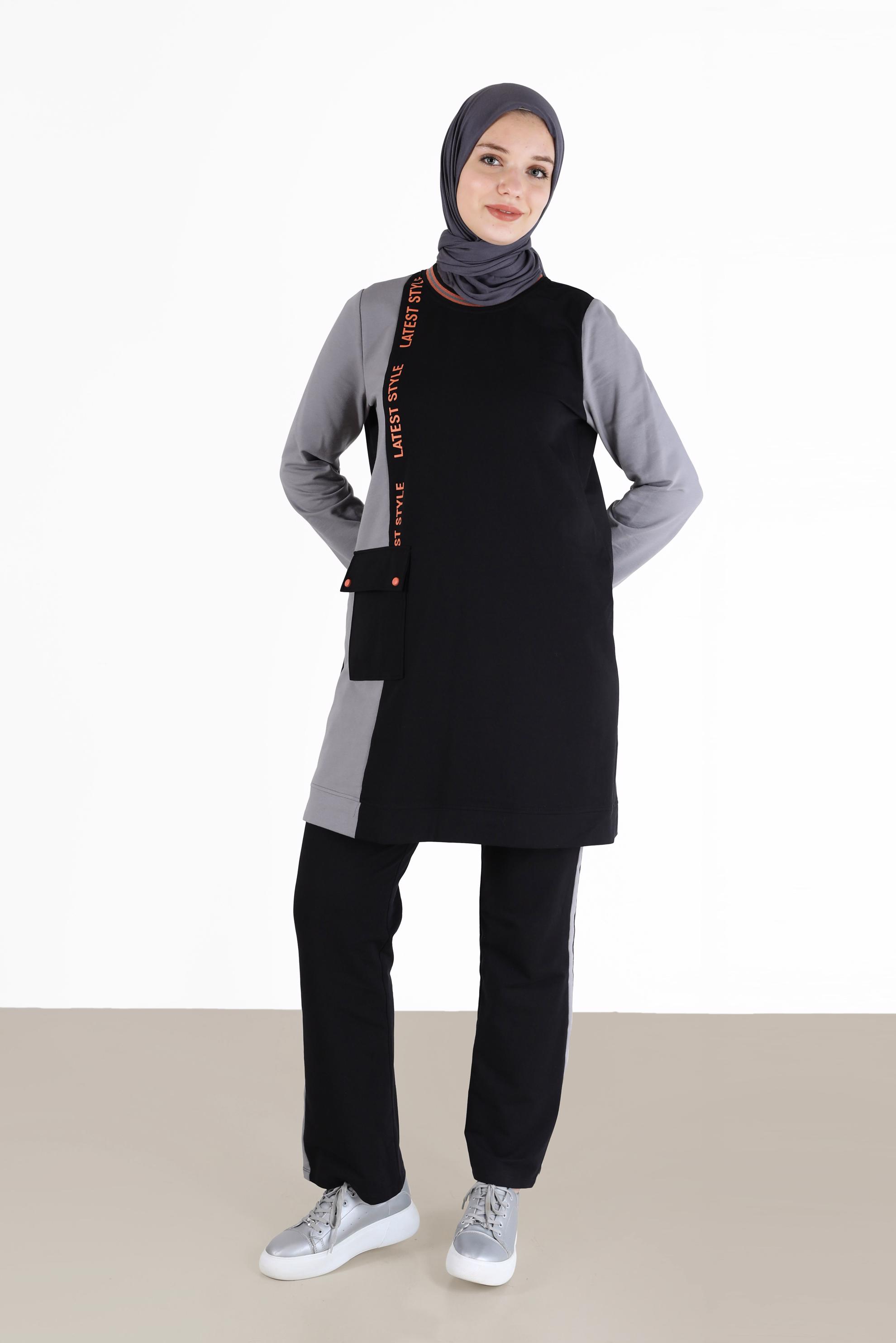 Tesettür giyim SİYAH YAZI DETAYLI CEPLİ İKİLİ PANT. EŞOFMAN TAKIM 42269 
