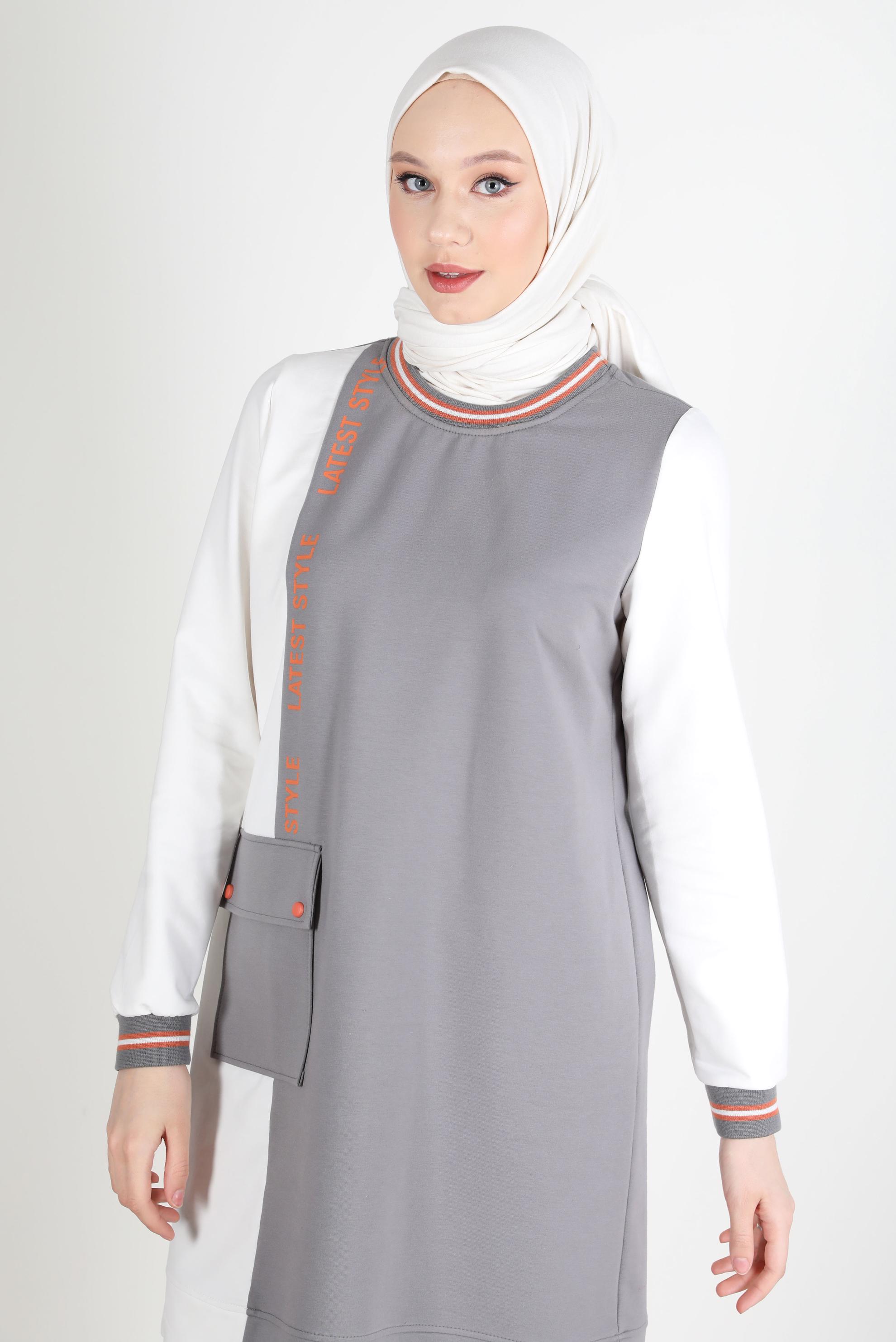 Tesettür giyim GRİ YAZI DETAYLI CEPLİ İKİLİ PANT. EŞOFMAN TAKIM 42269 