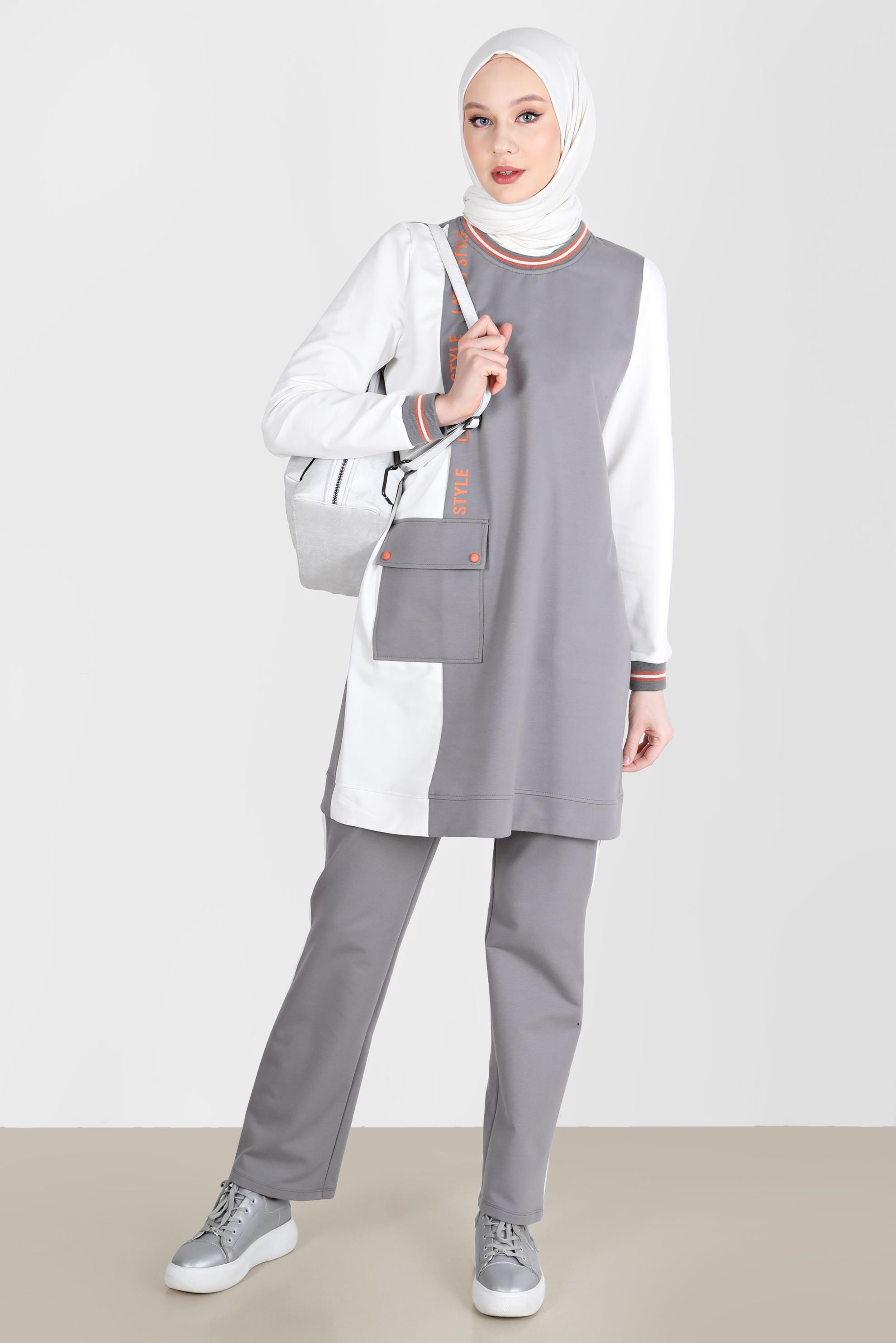 Tesettür giyim GRİ YAZI DETAYLI CEPLİ İKİLİ PANT. EŞOFMAN TAKIM 42269 