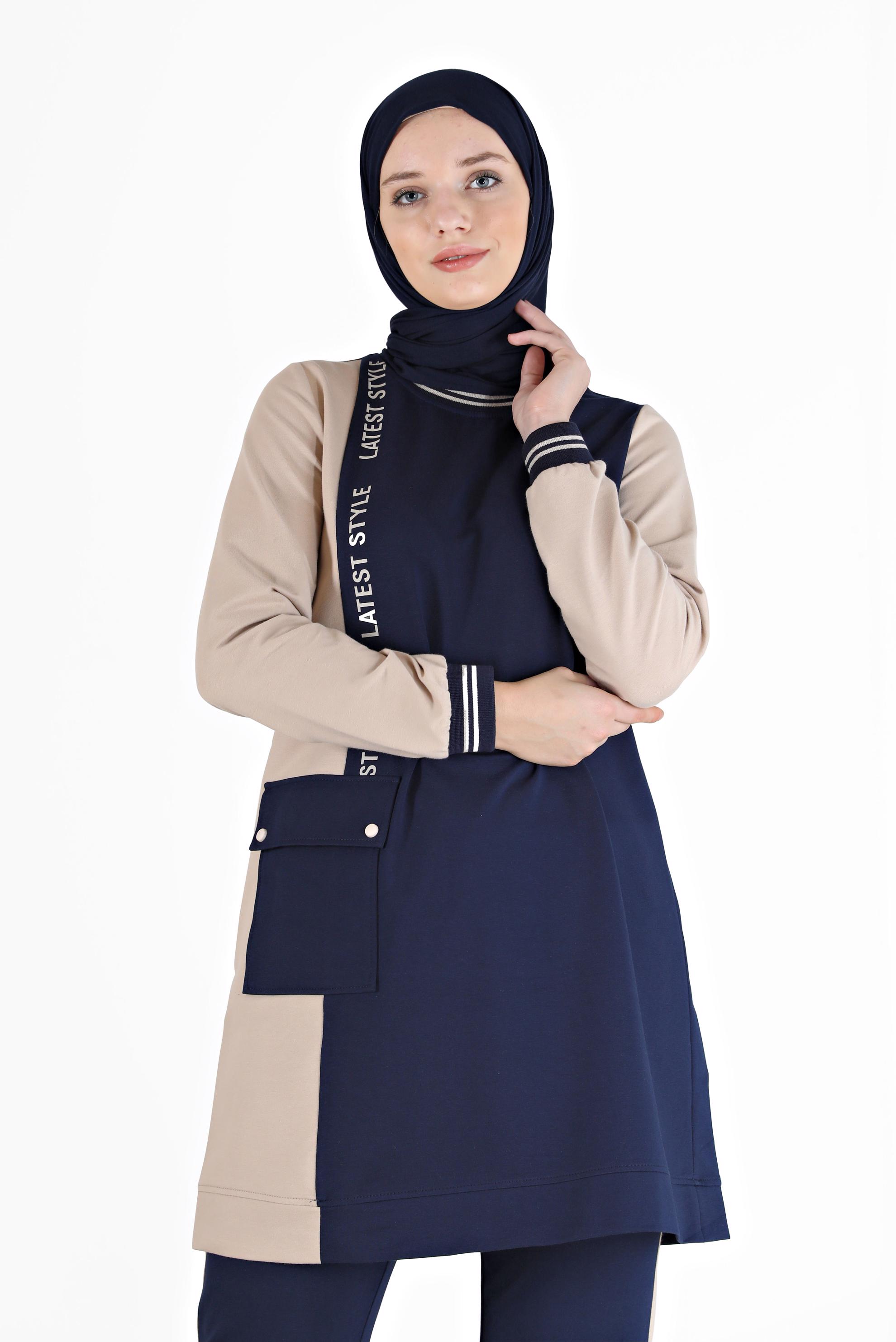 Tesettür giyim LACİVERT YAZI DETAYLI CEPLİ İKİLİ PANT. EŞOFMAN TAKIM 42269 