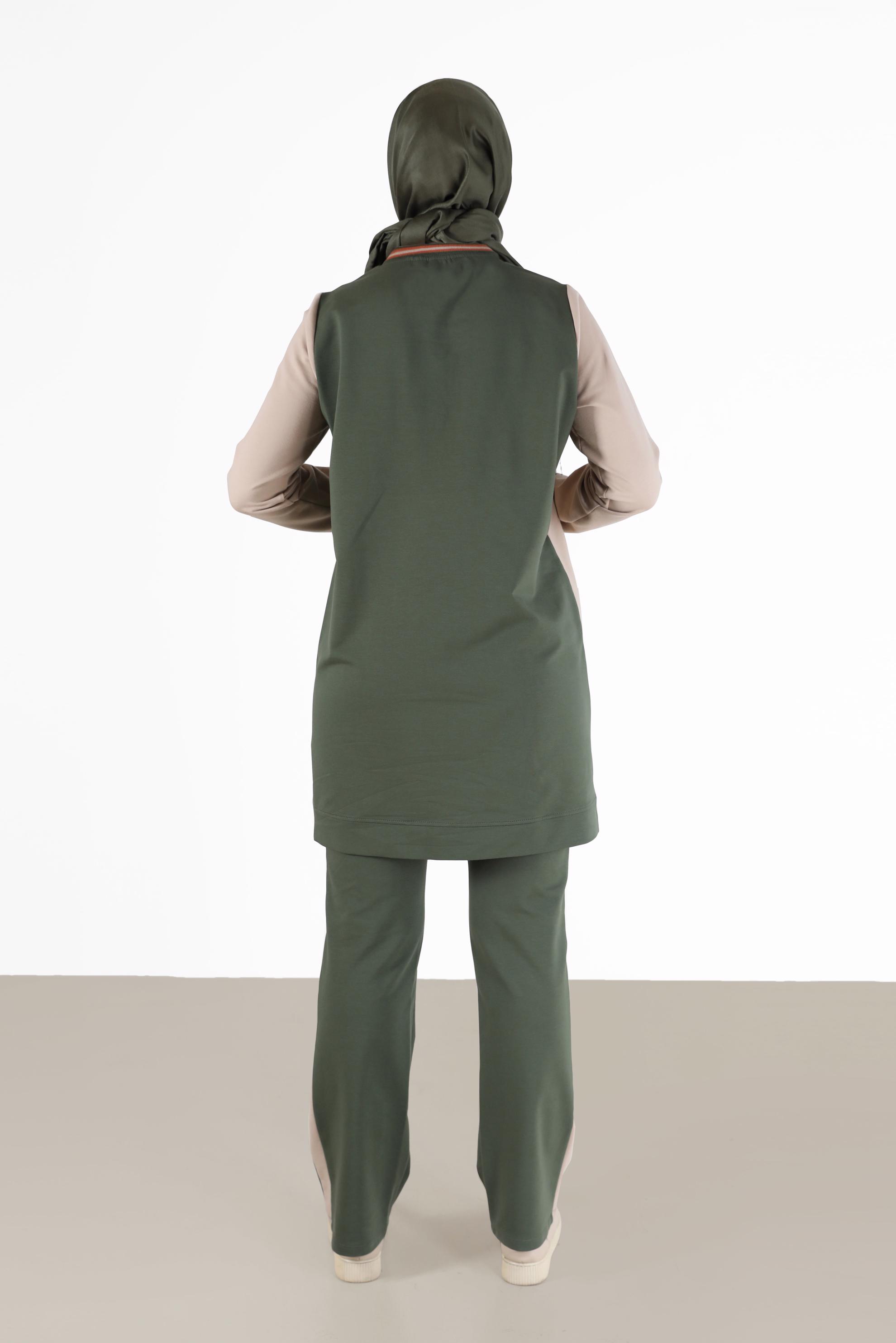 Tesettür giyim HAKİ YAZI DETAYLI CEPLİ İKİLİ PANT. EŞOFMAN TAKIM 42269 