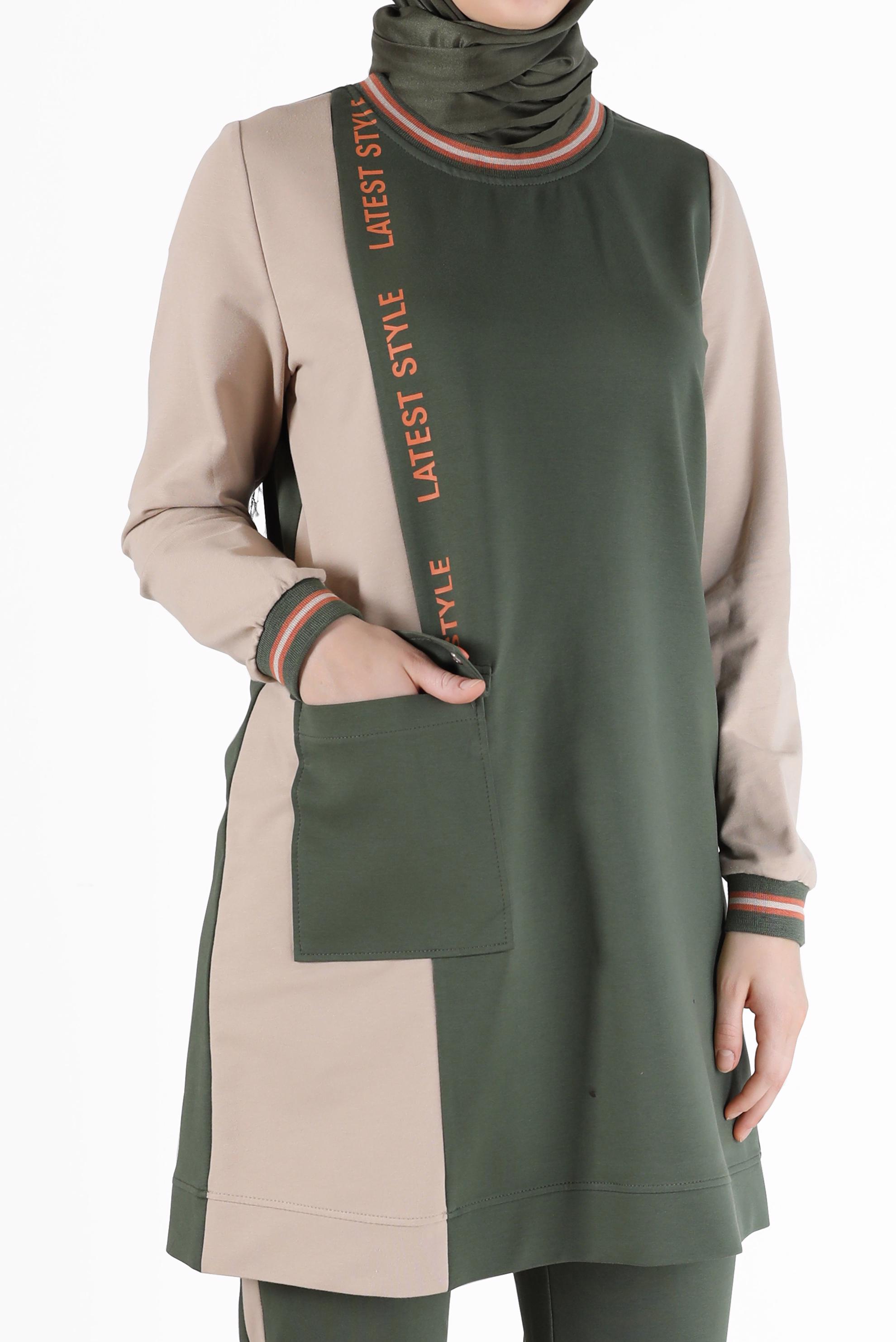 Tesettür giyim HAKİ YAZI DETAYLI CEPLİ İKİLİ PANT. EŞOFMAN TAKIM 42269 