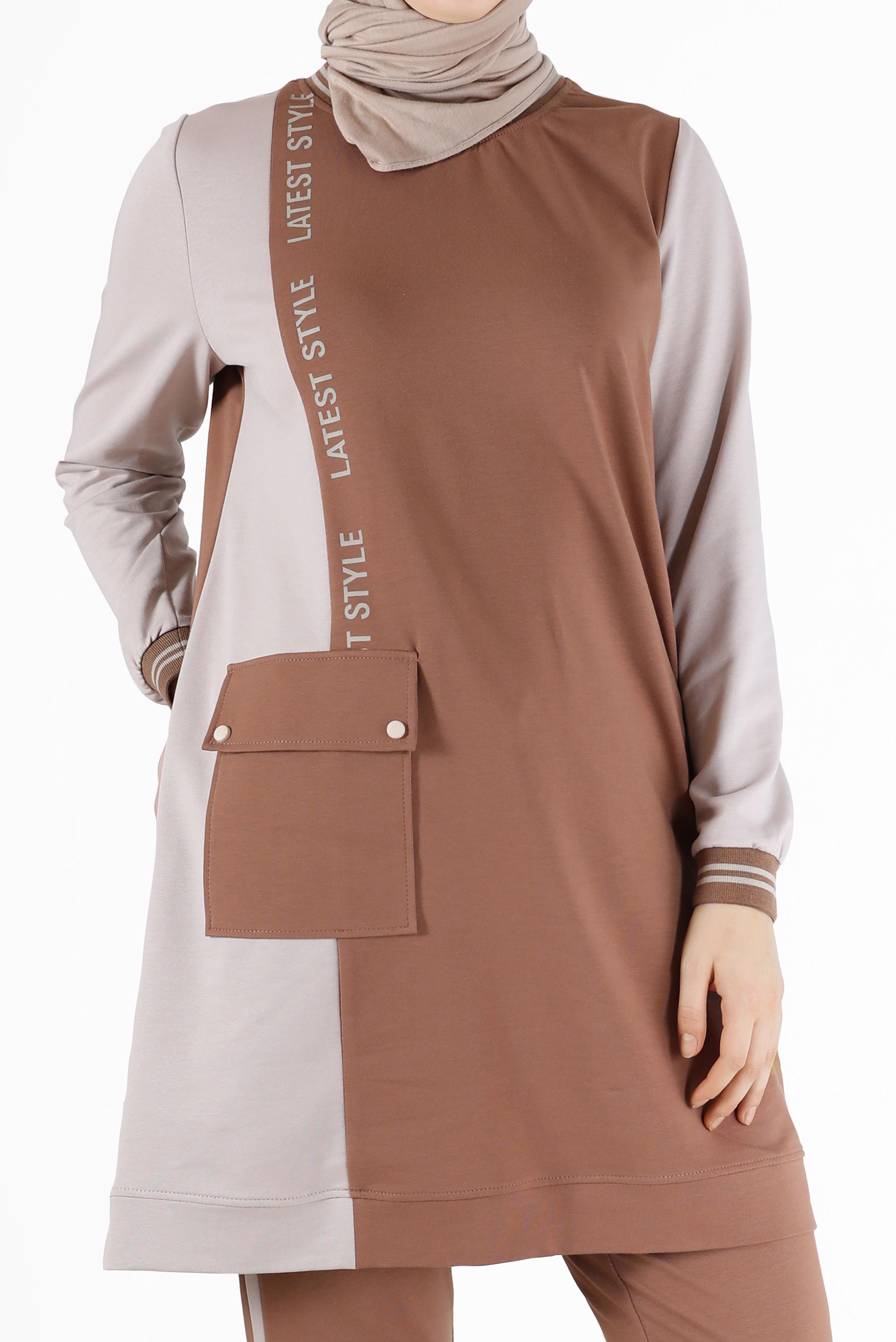 Tesettür giyim KAHVE YAZI DETAYLI CEPLİ İKİLİ PANT. EŞOFMAN TAKIM 42269 