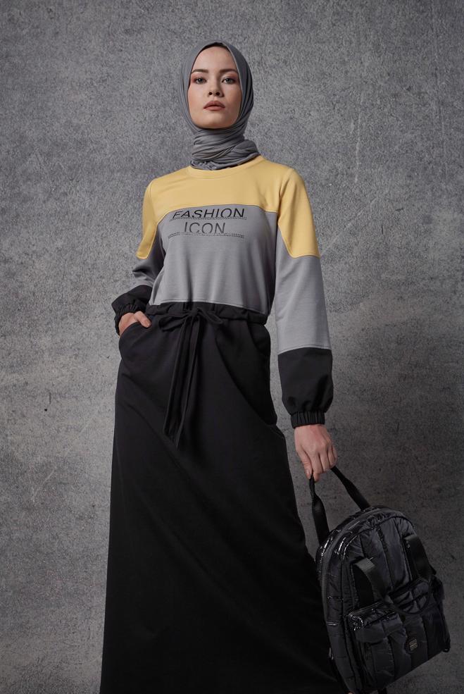 Vêtements hijab NOIR ROBE DE SURVÊTEMENT IMPRIMÉ SLOGAN TAILLE FRONCÉE 42272 - ALVİNA