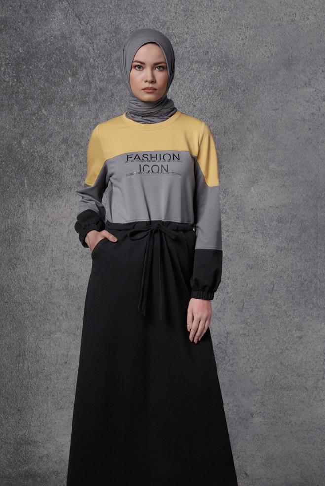 Vêtements hijab NOIR ROBE DE SURVÊTEMENT IMPRIMÉ SLOGAN TAILLE FRONCÉE 42272 - ALVİNA