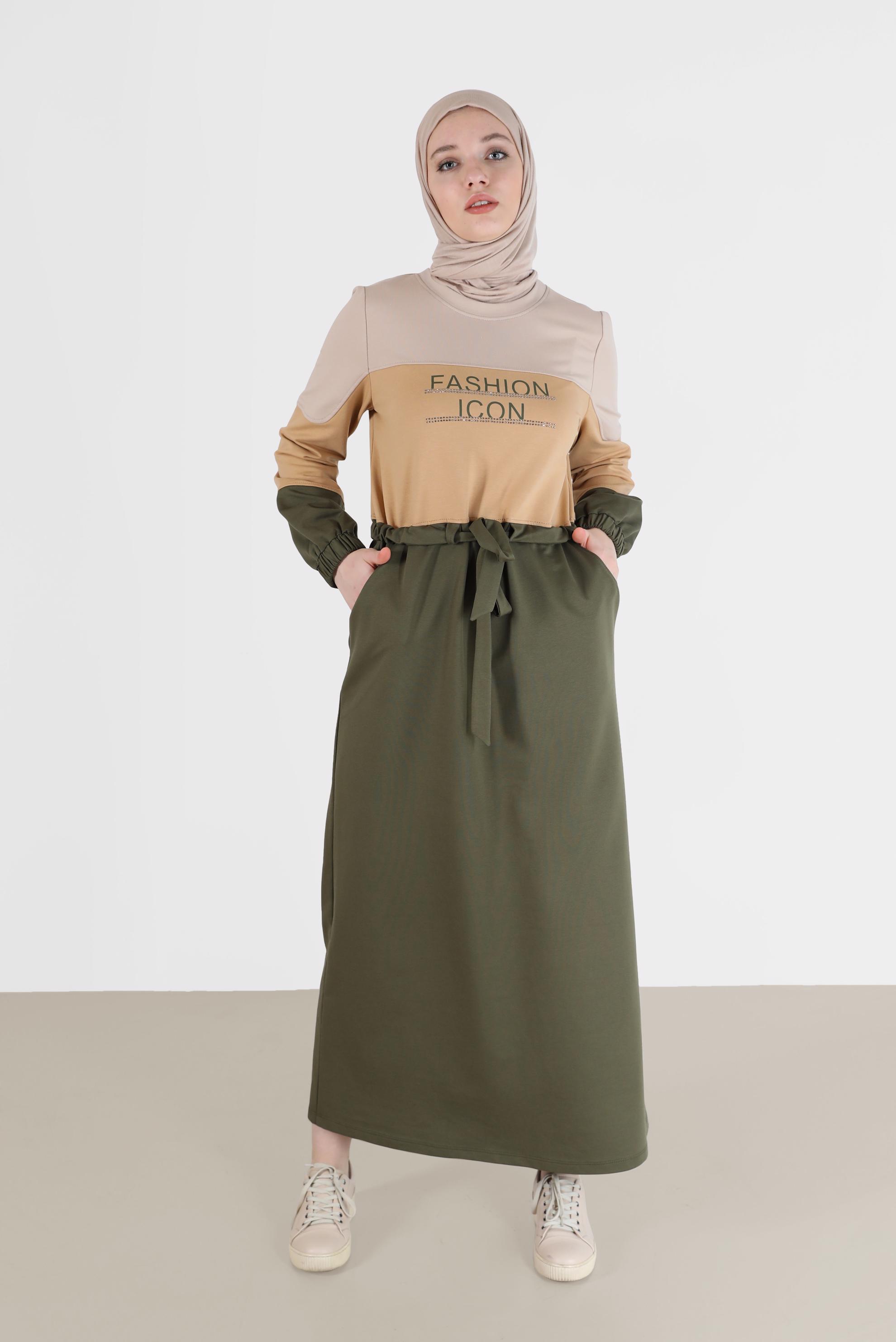 Hijab clothing KHAKI GATHERED WAIST SLOGAN PRINT TRACKSUIT DRESS 42272 