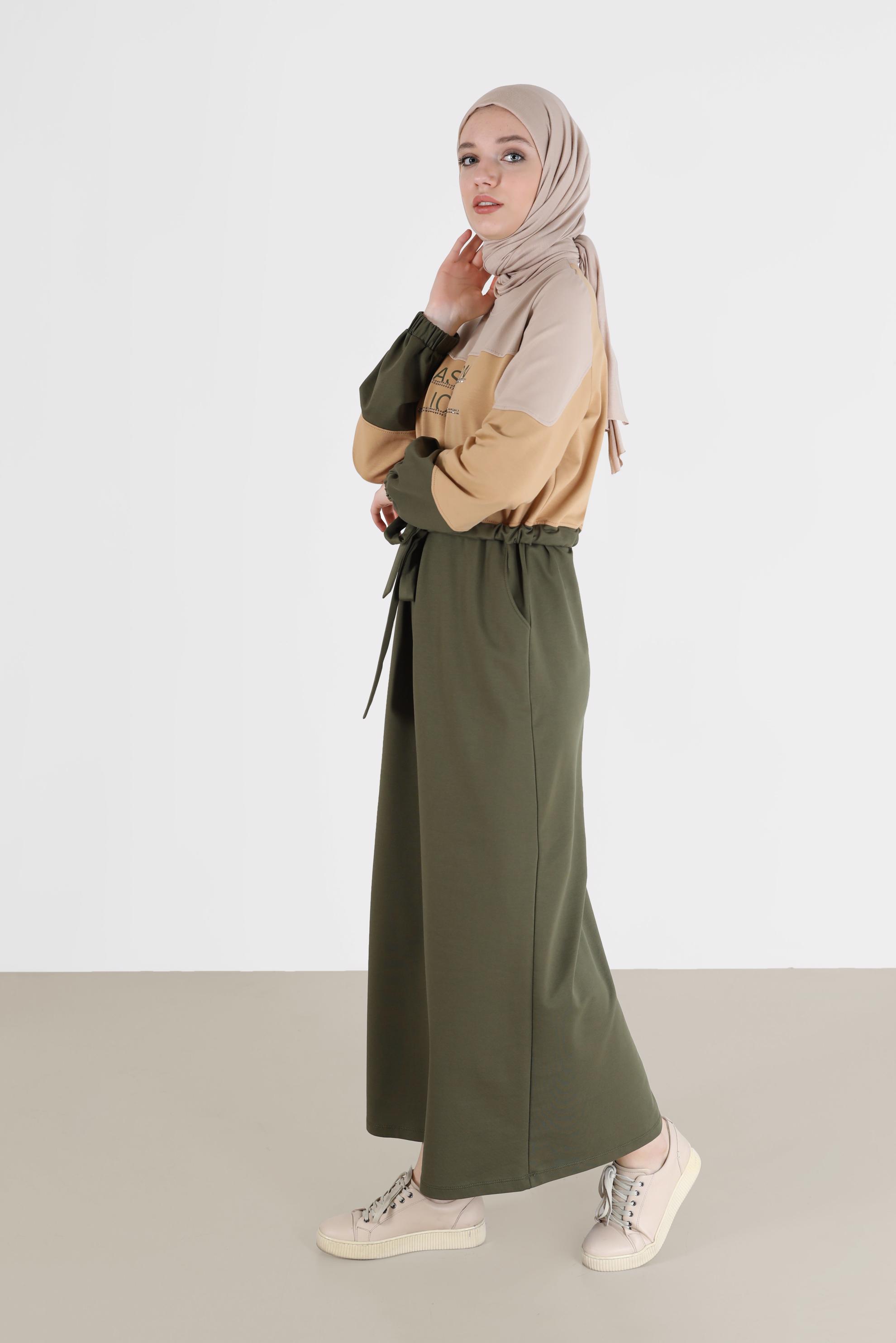 Hijab clothing KHAKI GATHERED WAIST SLOGAN PRINT TRACKSUIT DRESS 42272 